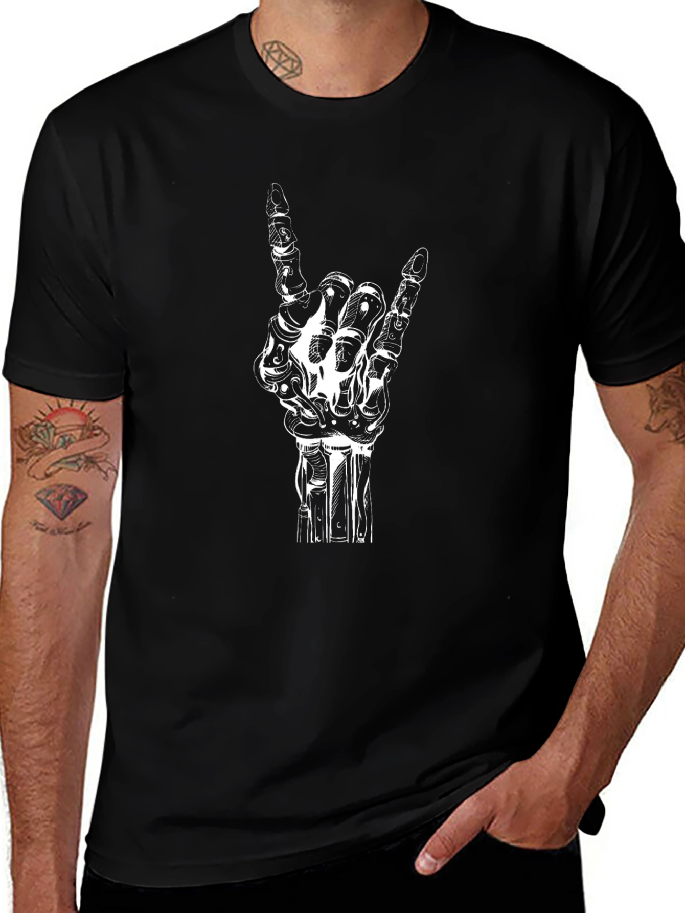 Rock On Skeleton Hand Black T-Shirt