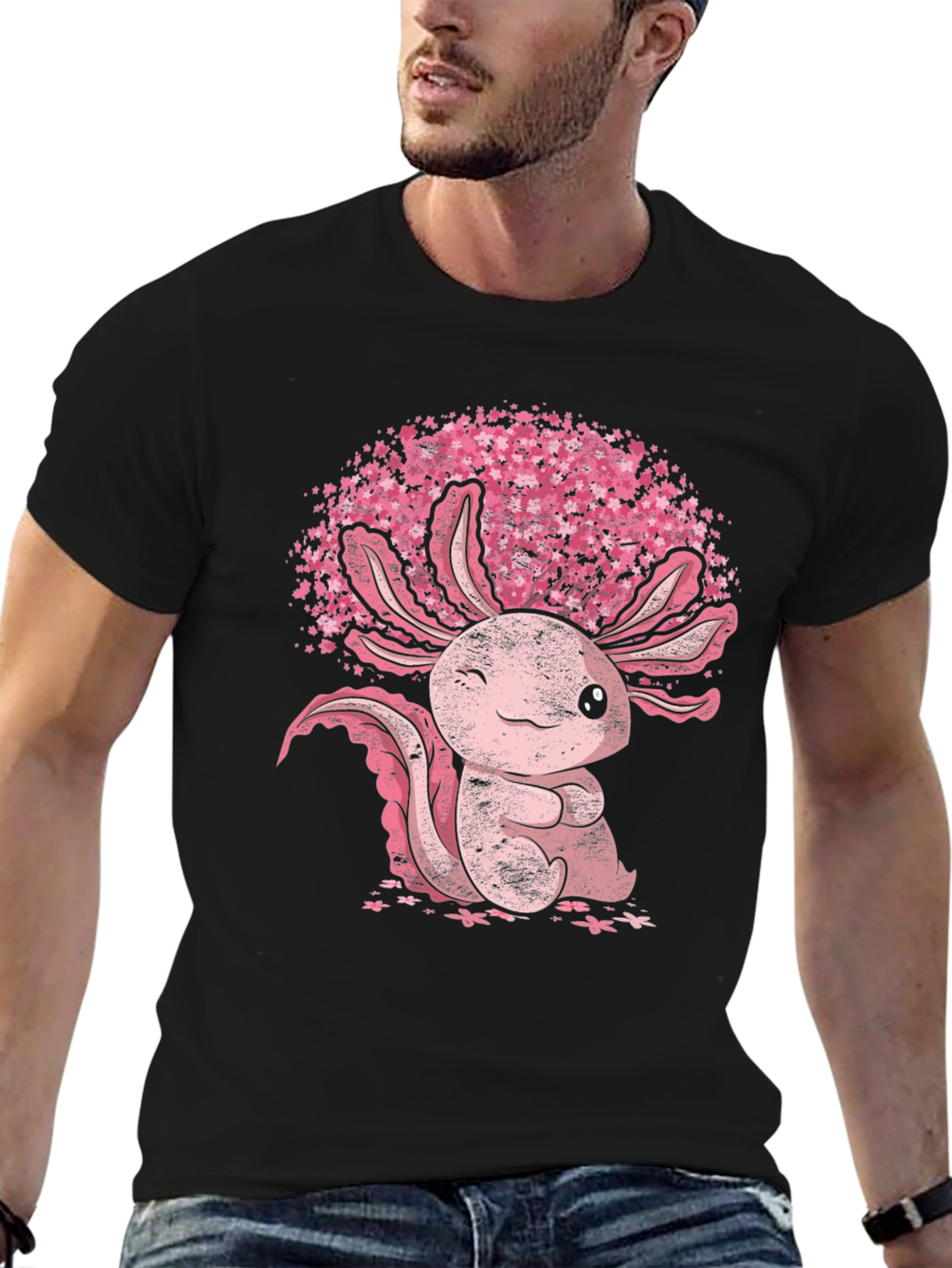 Axolotl Sakura Black T-Shirt - Cute Amphibian Tee