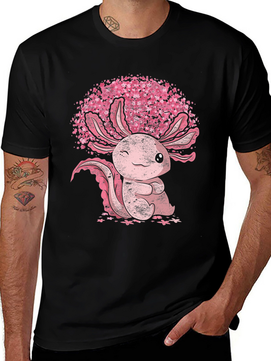 Axolotl Sakura Black T-Shirt - Cute Amphibian Tee