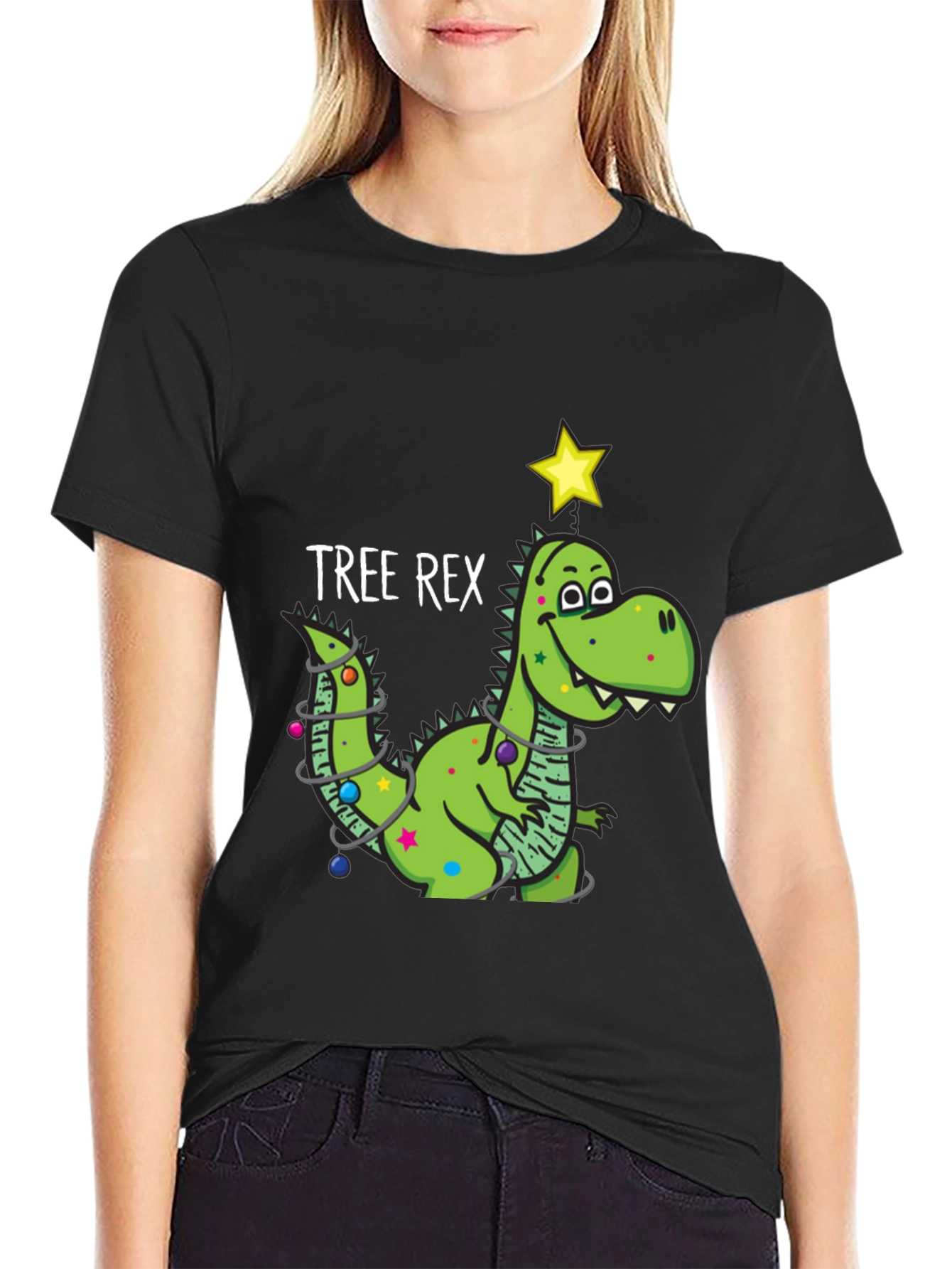 Tree Rex Dinosaur Christmas Black T-Shirt