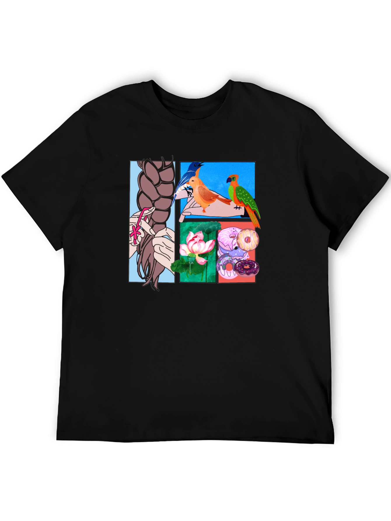 Artistic Graphic Tee: Braids Birds Lotus Donuts