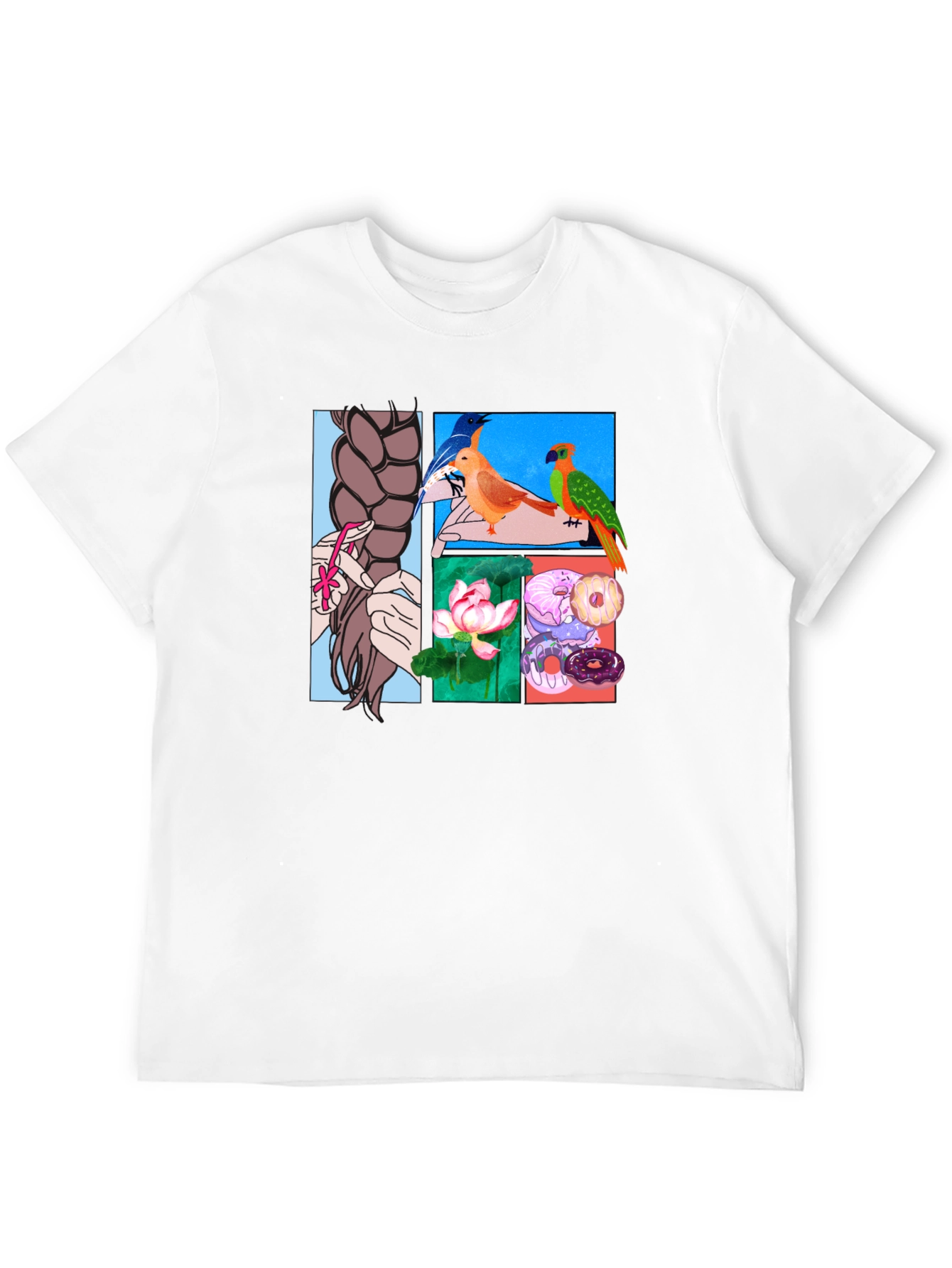 Artistic Graphic Tee: Braids Birds Lotus Donuts