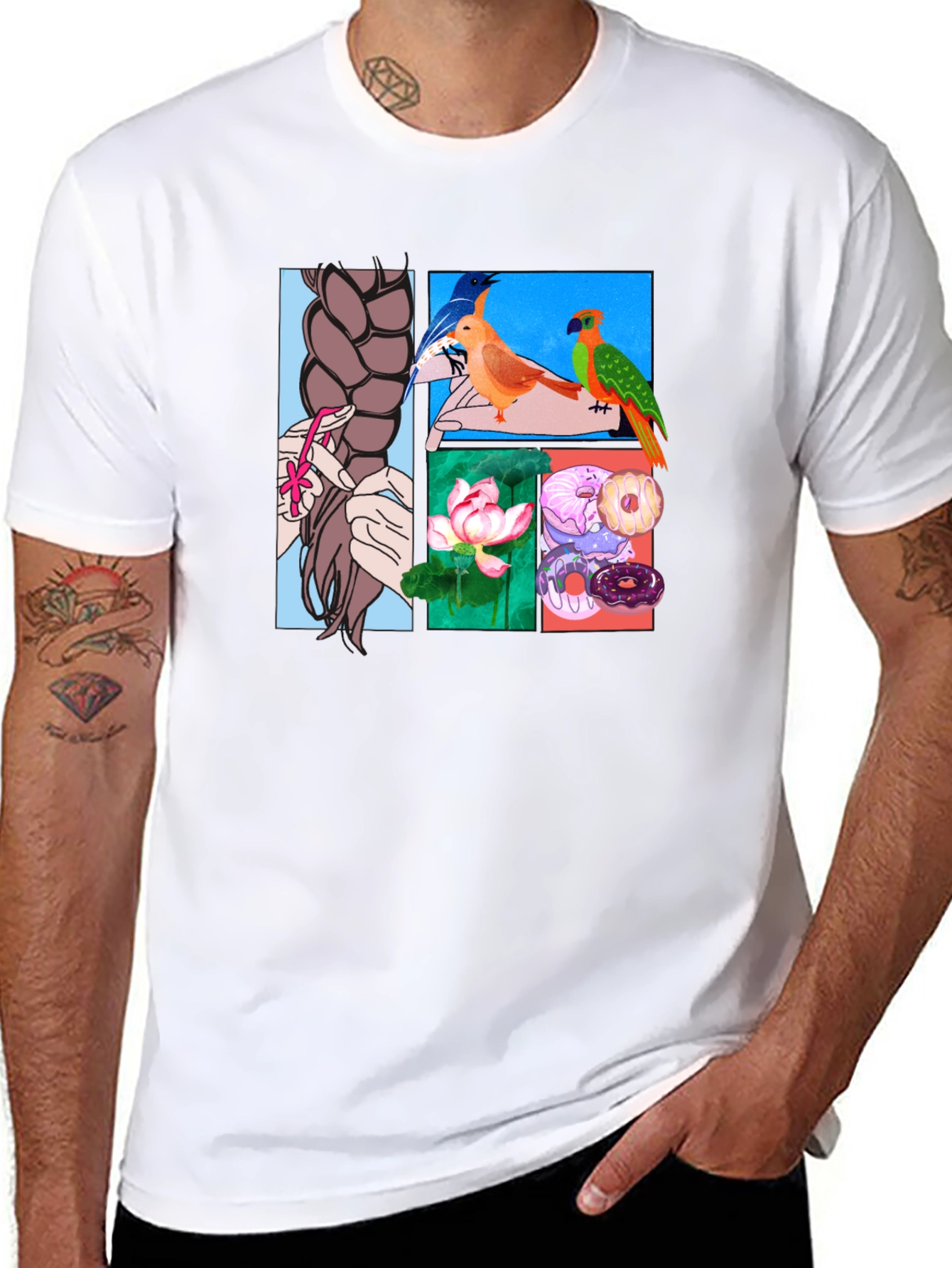 Artistic Graphic Tee: Braids Birds Lotus Donuts