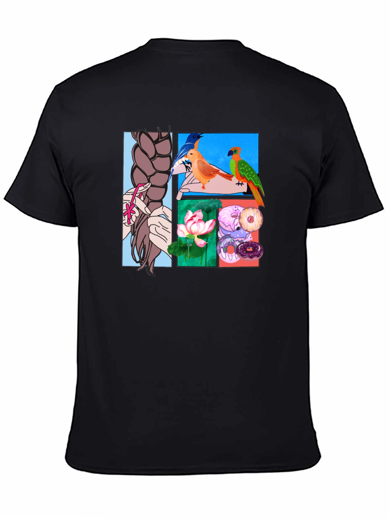 Artistic Graphic Tee: Braids Birds Lotus Donuts