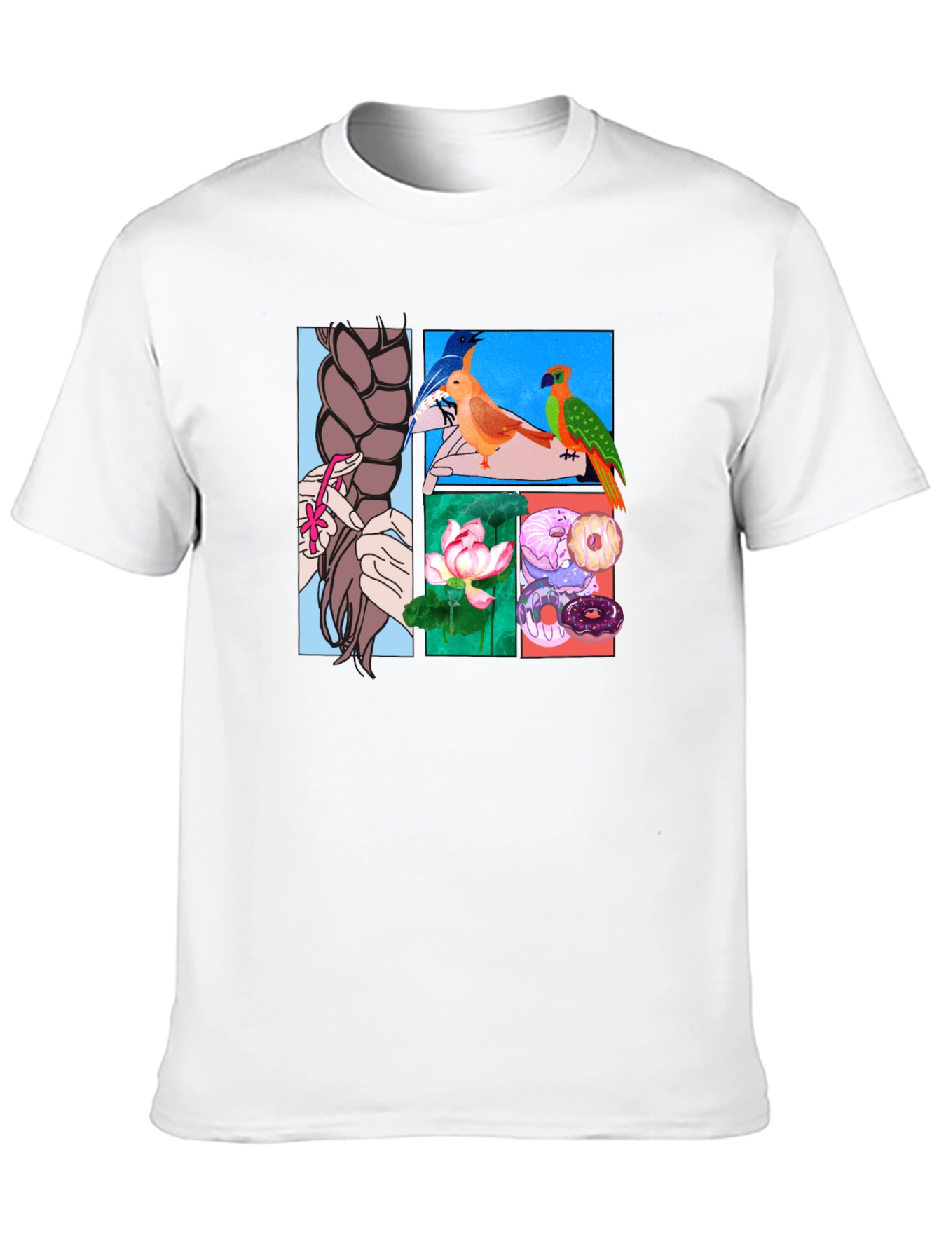 Artistic Graphic Tee: Braids Birds Lotus Donuts