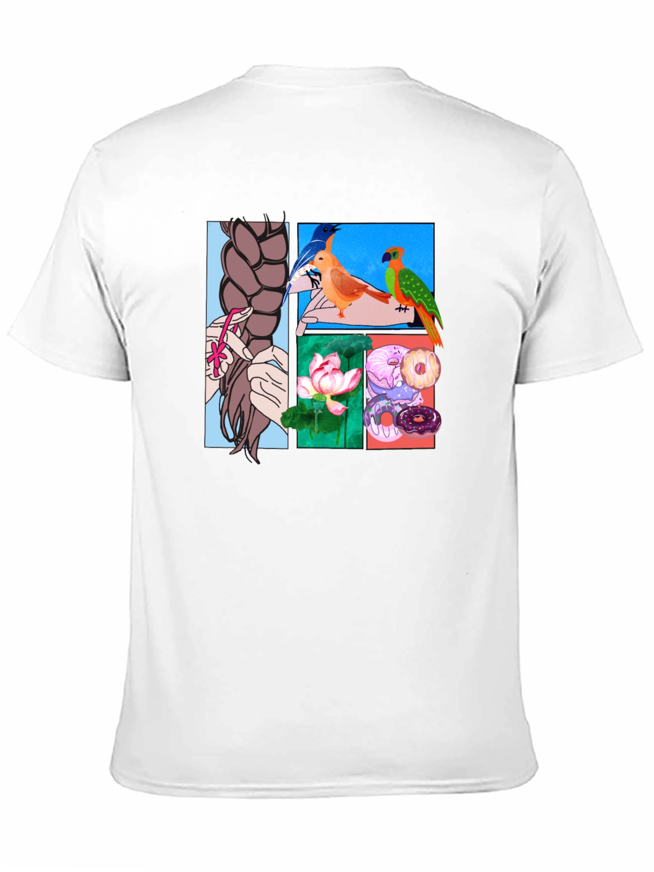 Artistic Graphic Tee: Braids Birds Lotus Donuts