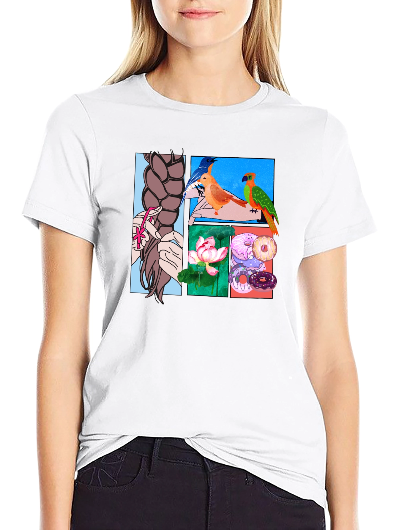 Artistic Graphic Tee: Braids Birds Lotus Donuts