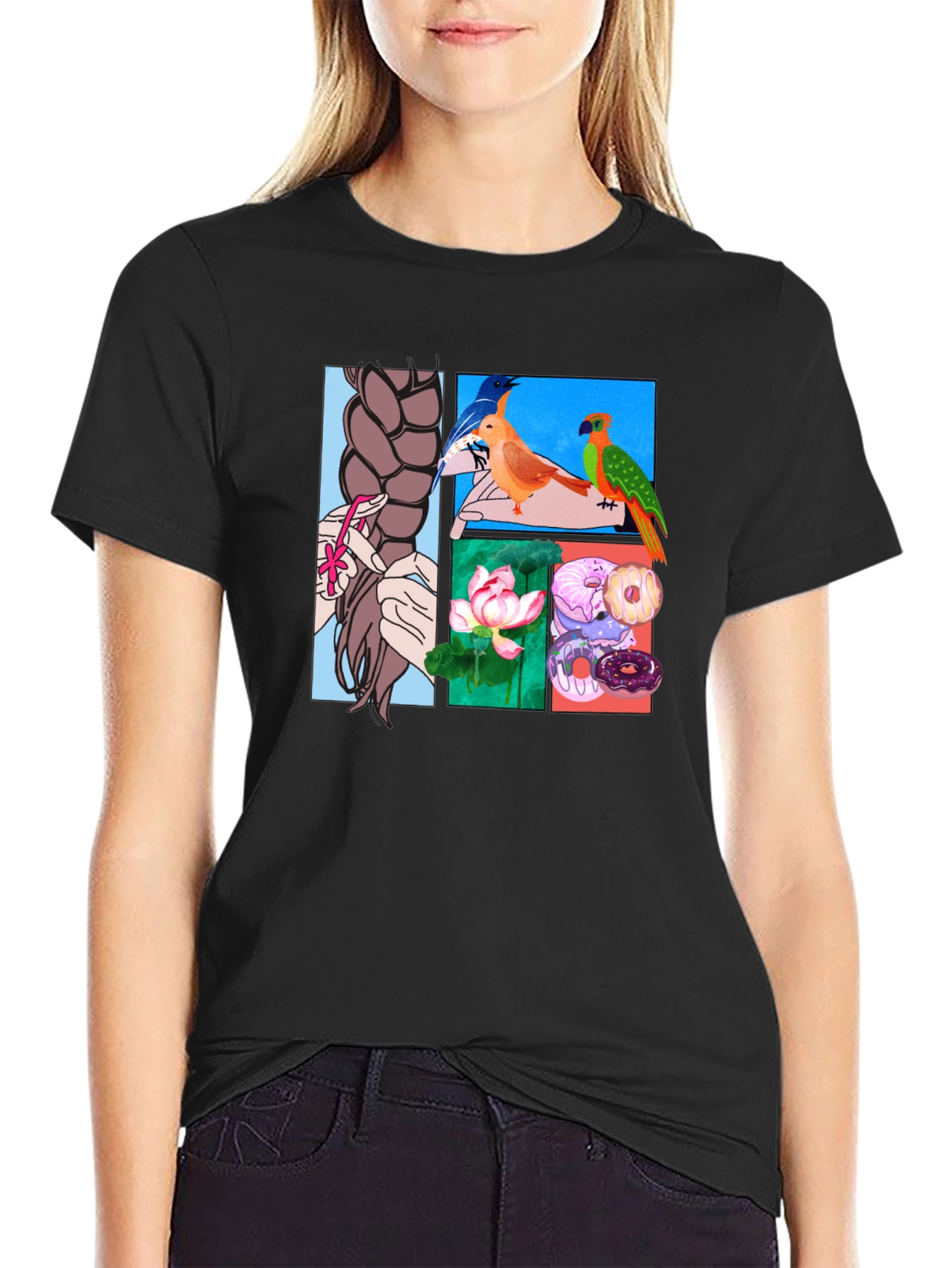 Artistic Graphic Tee: Braids Birds Lotus Donuts