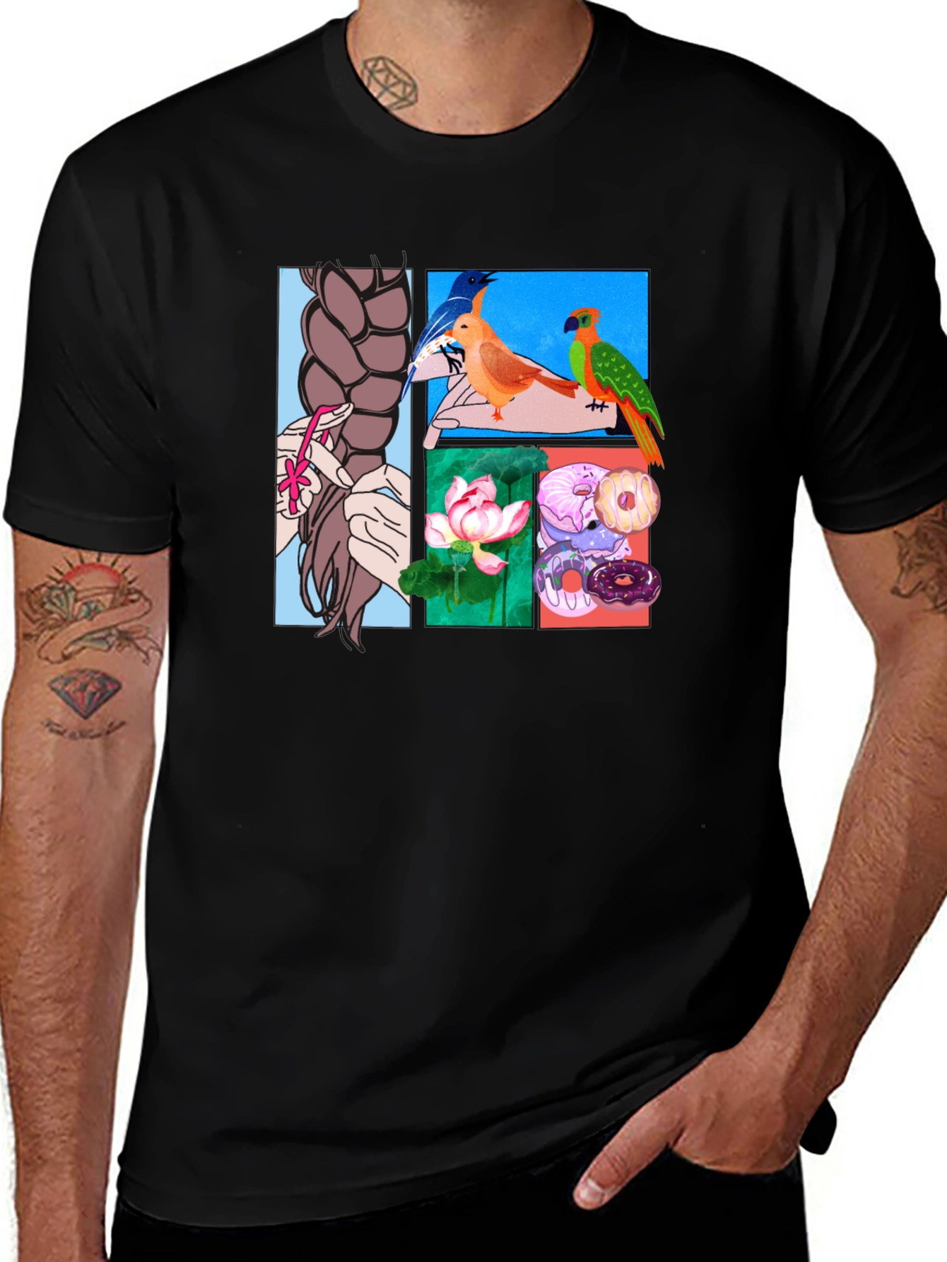 Artistic Graphic Tee: Braids Birds Lotus Donuts