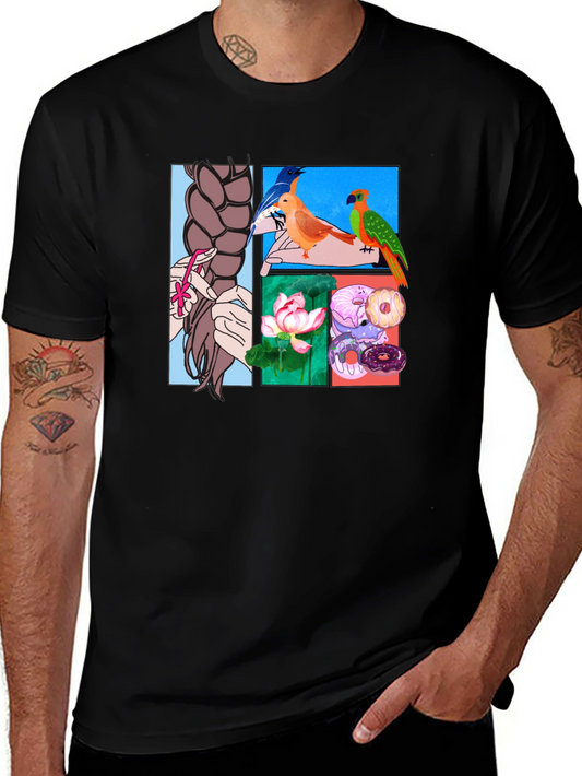 Artistic Graphic Tee: Braids Birds Lotus Donuts