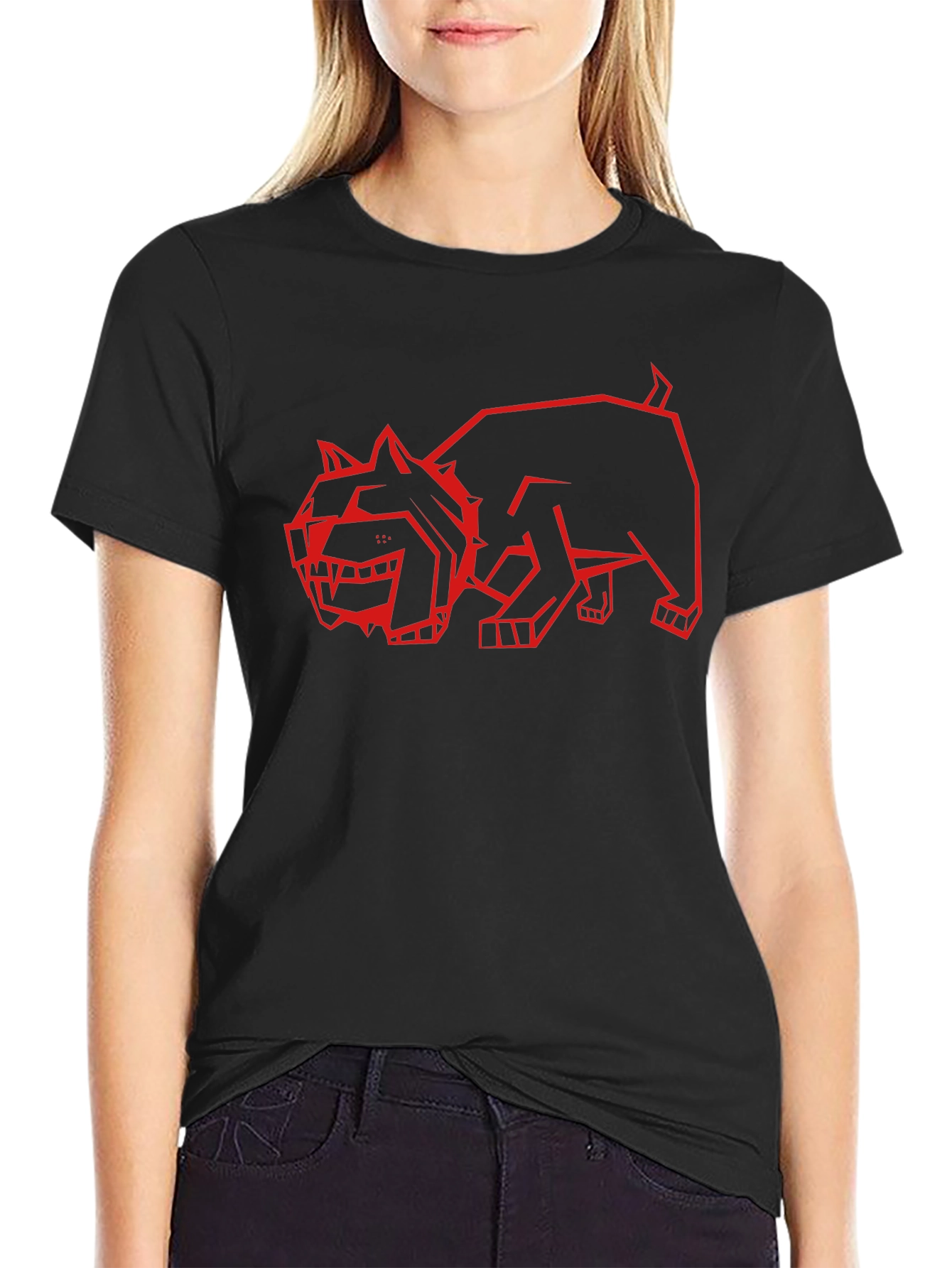 Geometric Red Dog Graphic Black T-Shirt