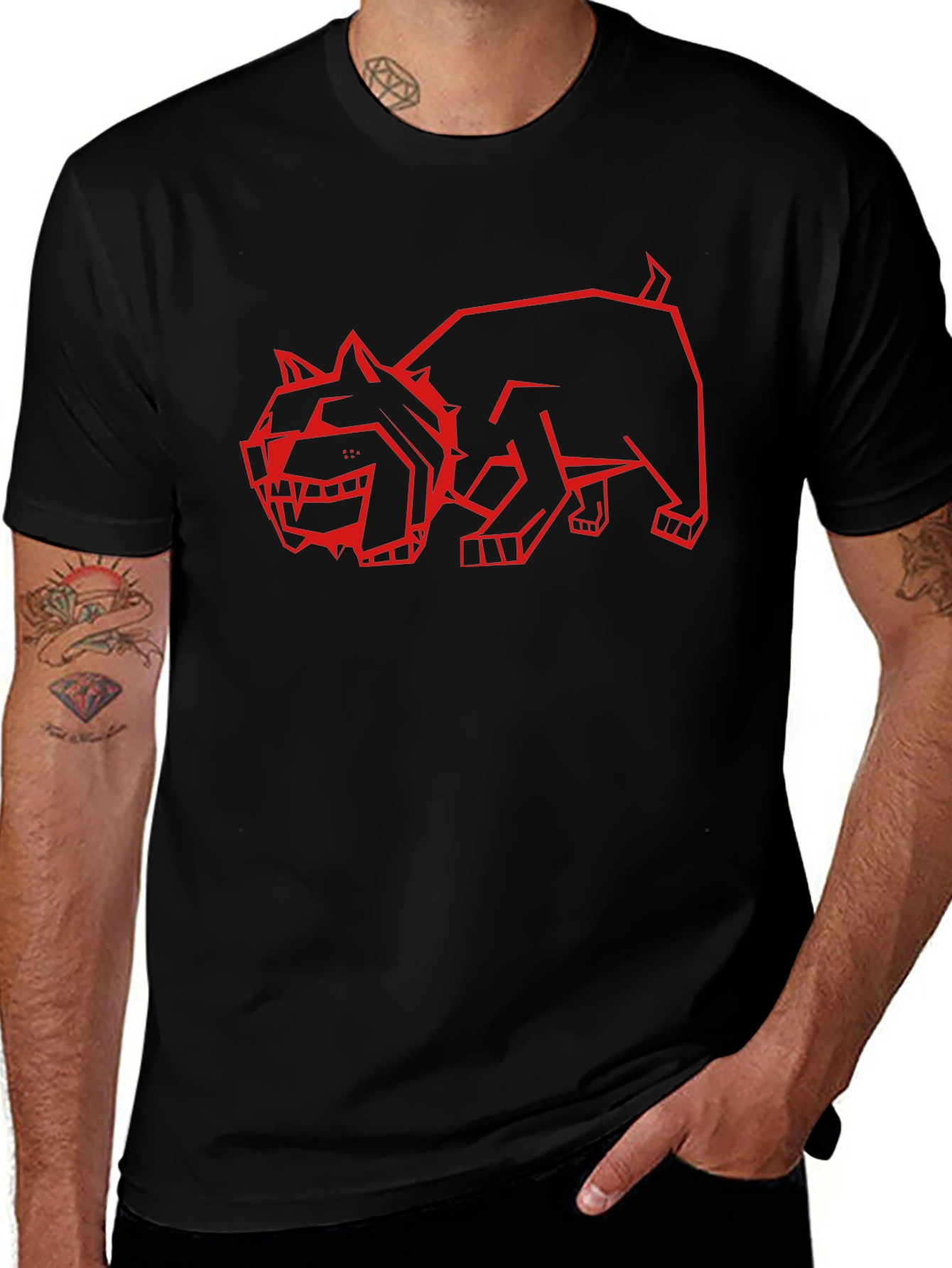 Geometric Red Dog Graphic Black T-Shirt