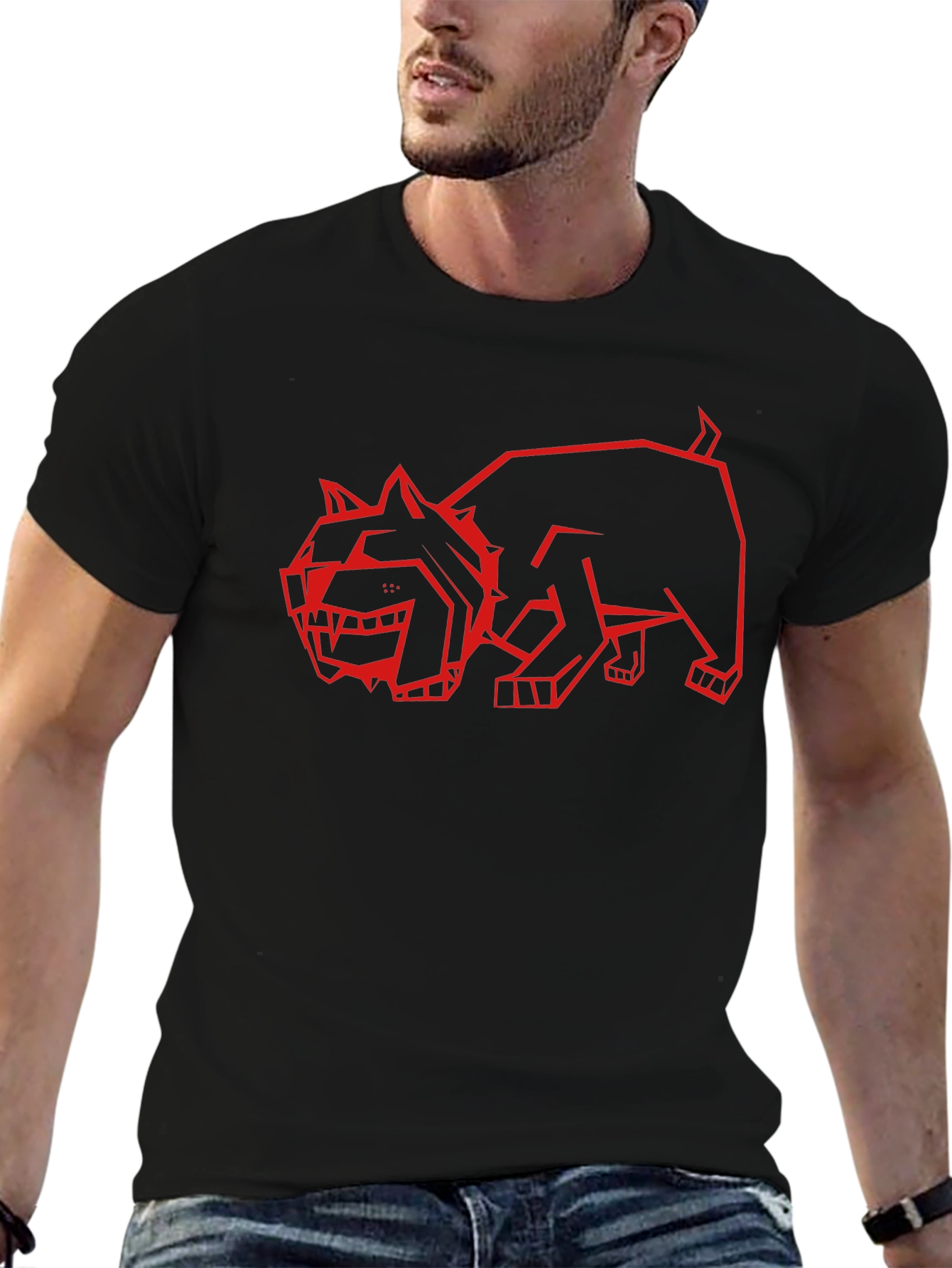 Geometric Red Dog Graphic Black T-Shirt