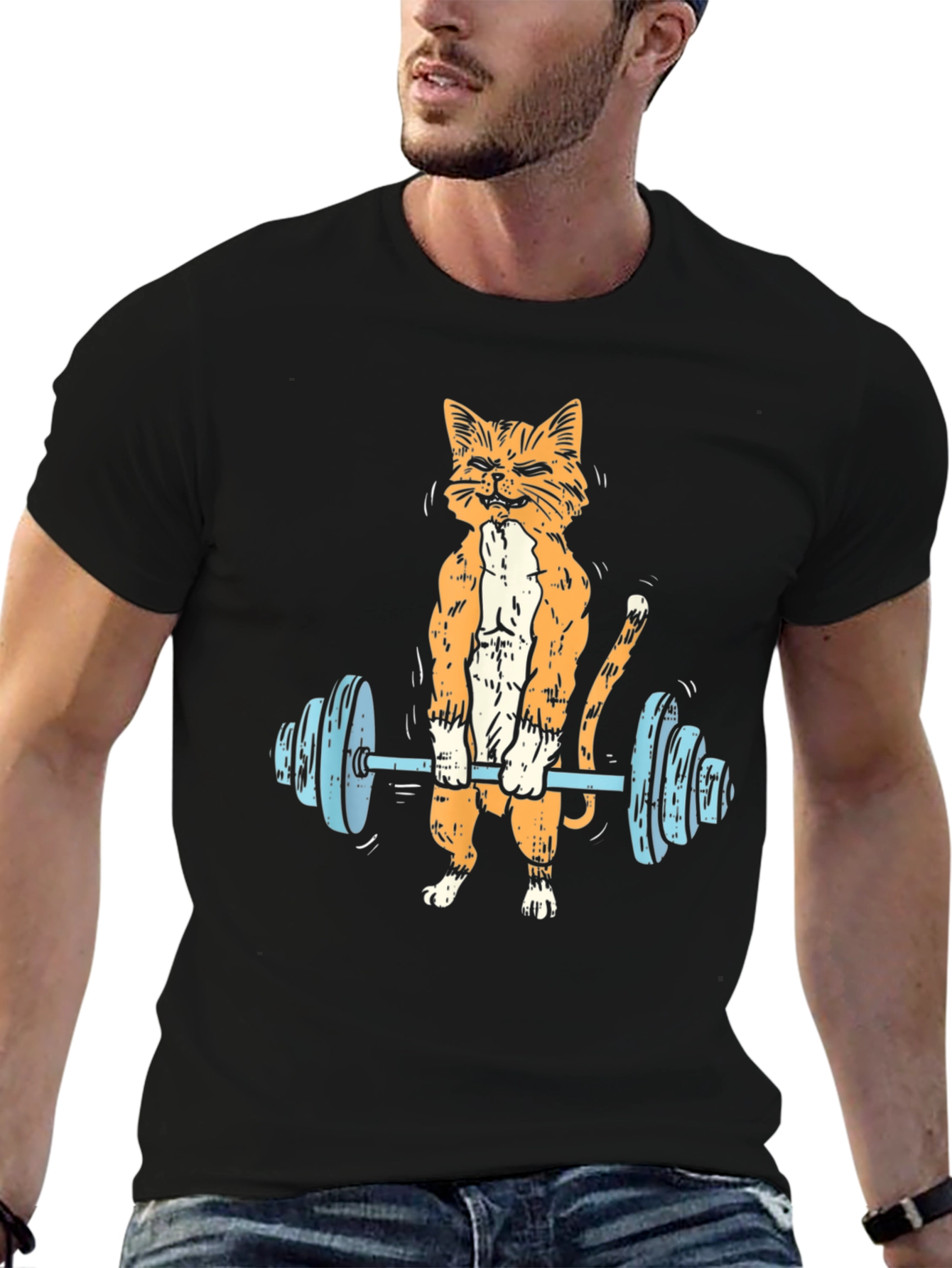 Weightlifting Cat Graphic Tee - Black