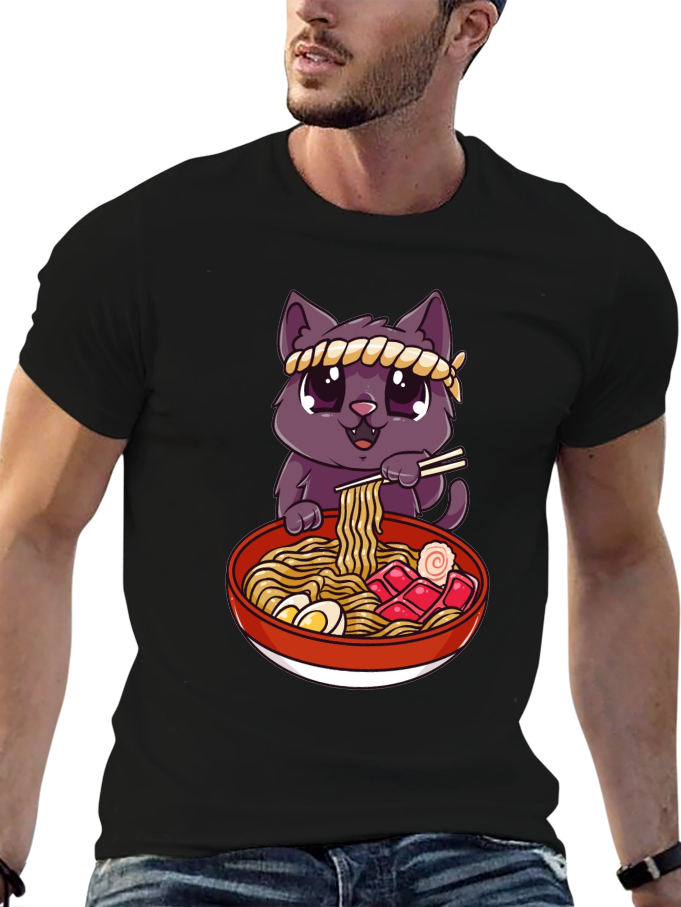 Cute Cat Ramen Bowl Graphic T-Shirt