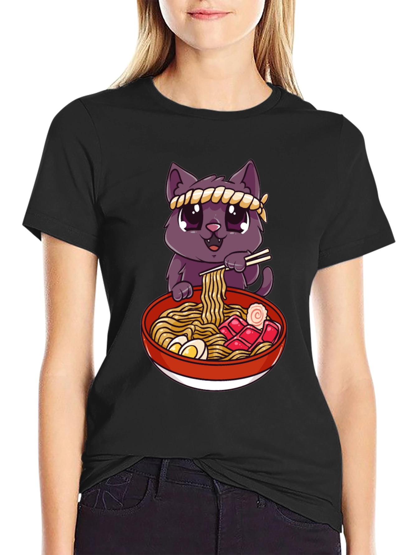 Cute Cat Ramen Bowl Graphic T-Shirt