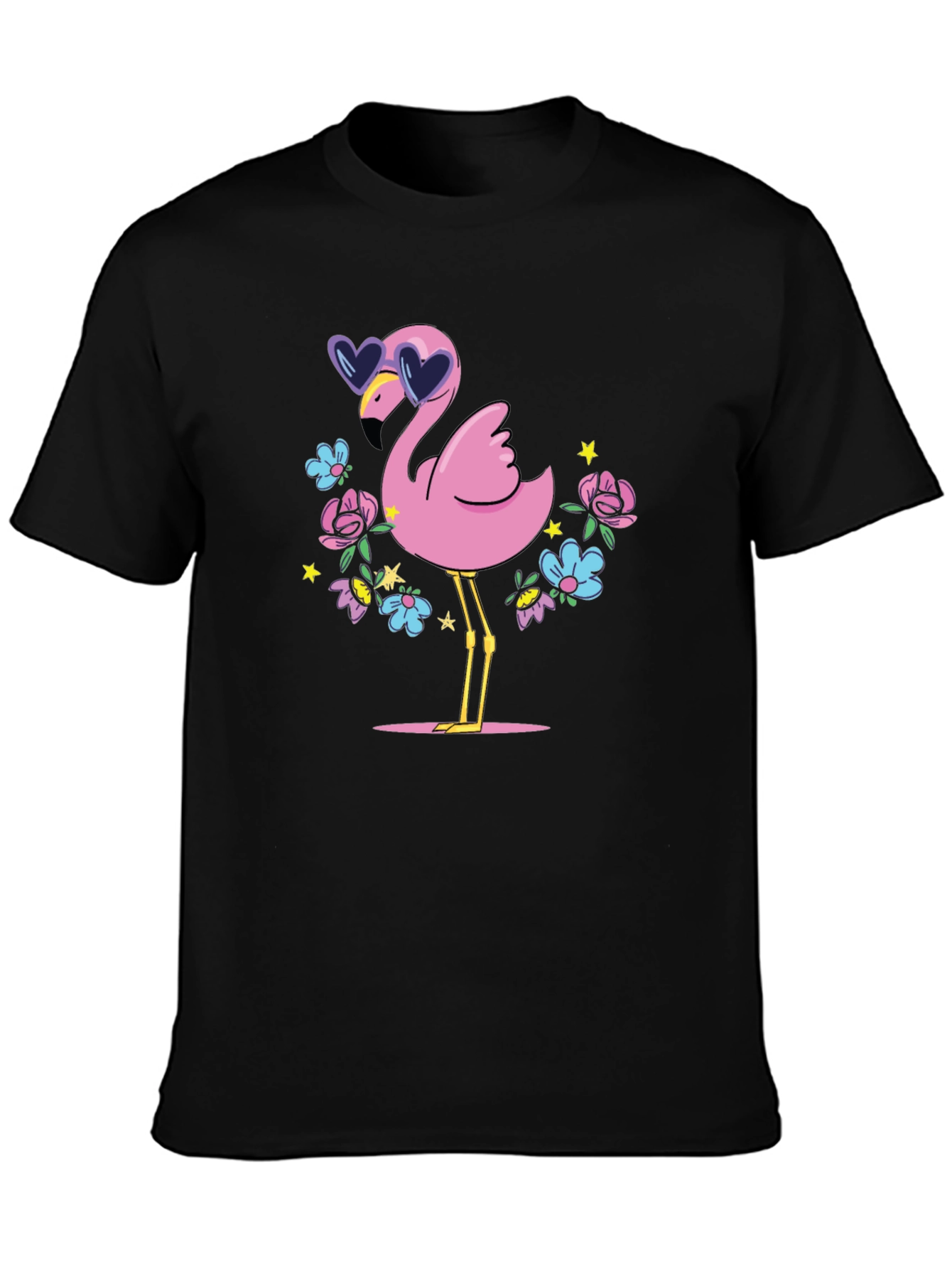 Fun Flamingo Graphic Tee - Black Cotton T-Shirt