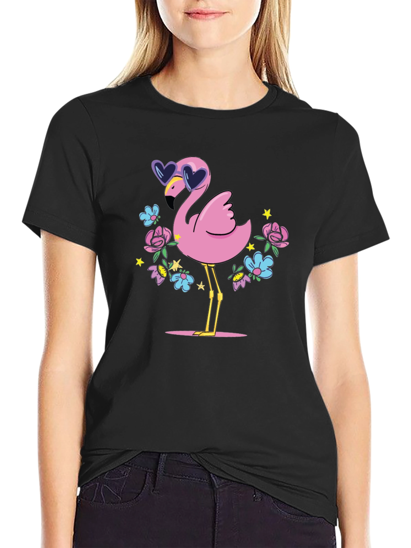 Fun Flamingo Graphic Tee - Black Cotton T-Shirt