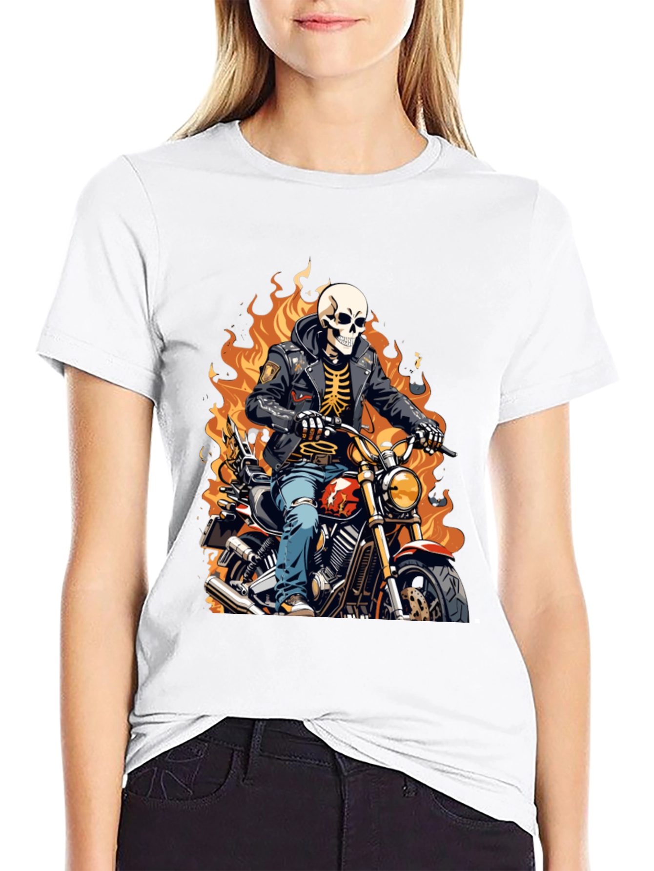 Skeleton Biker T-Shirt - Flaming Ride