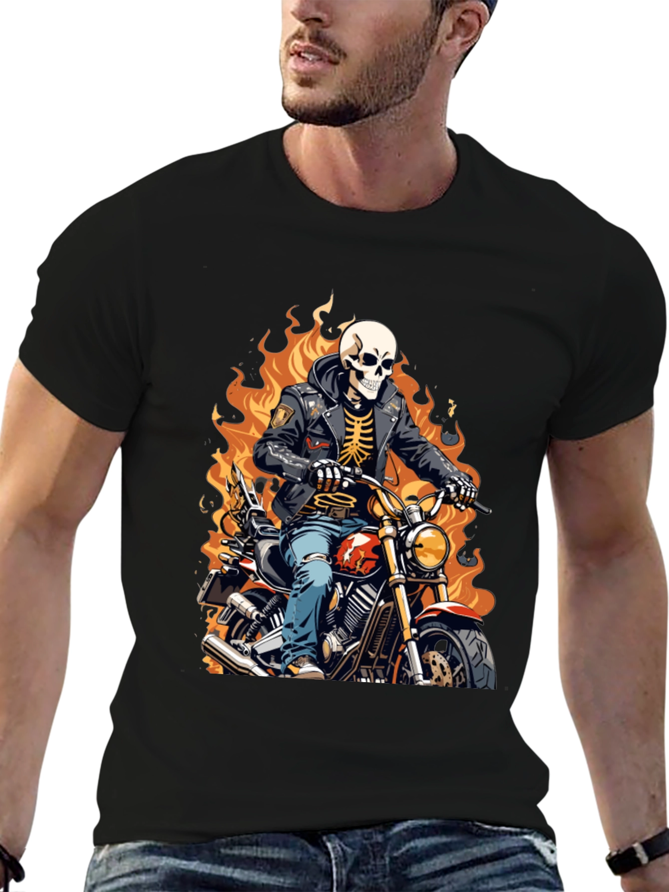 Skeleton Biker T-Shirt - Flaming Ride