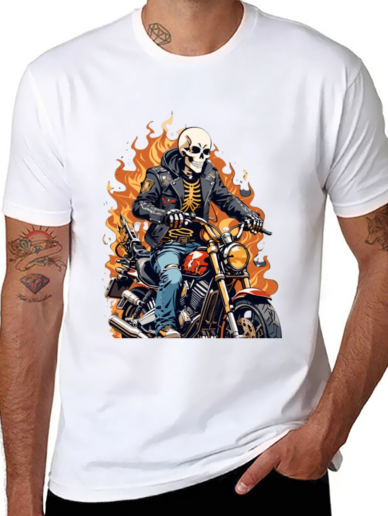 Skeleton Biker T-Shirt - Flaming Ride