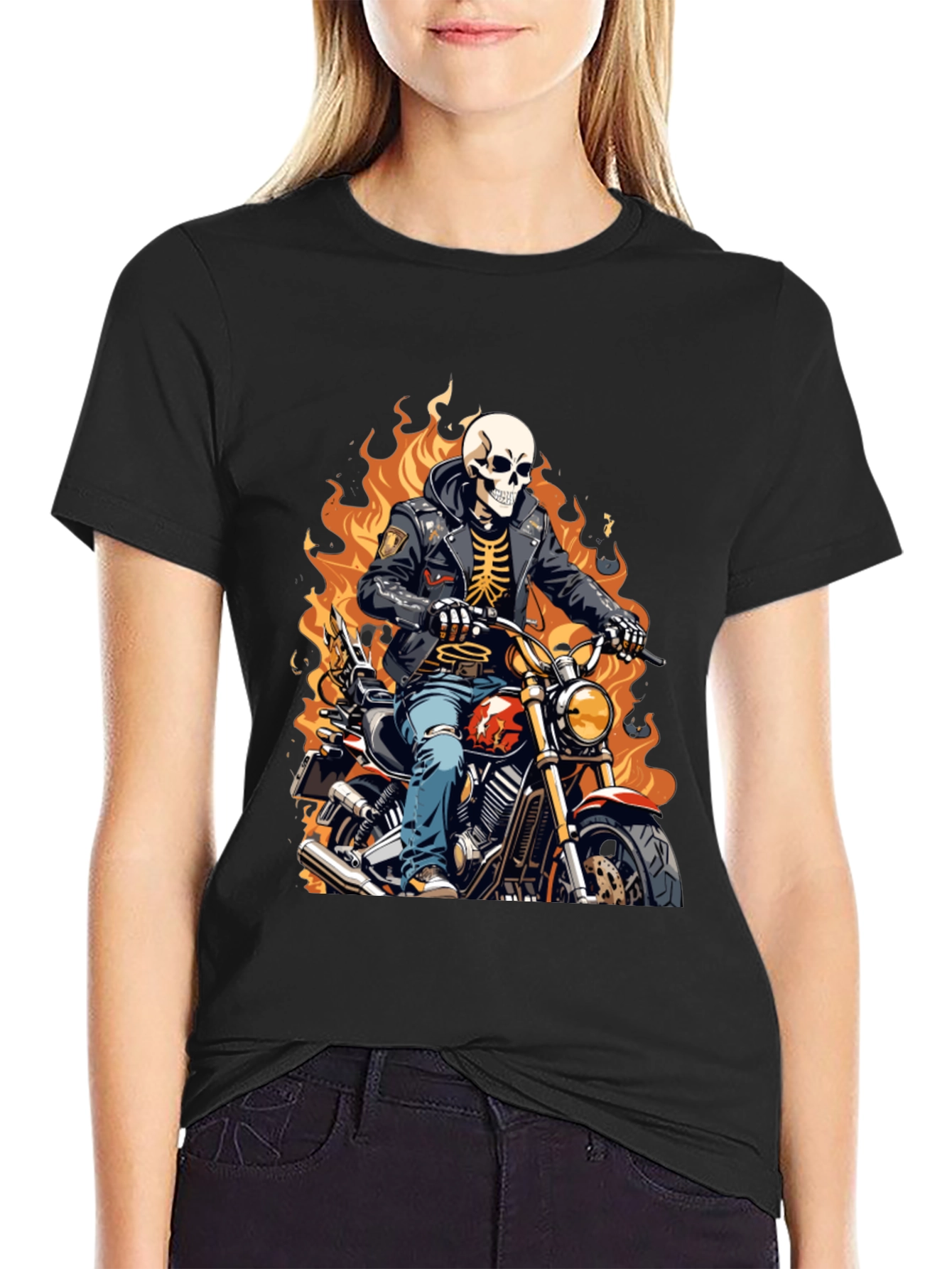 Skeleton Biker T-Shirt - Flaming Ride