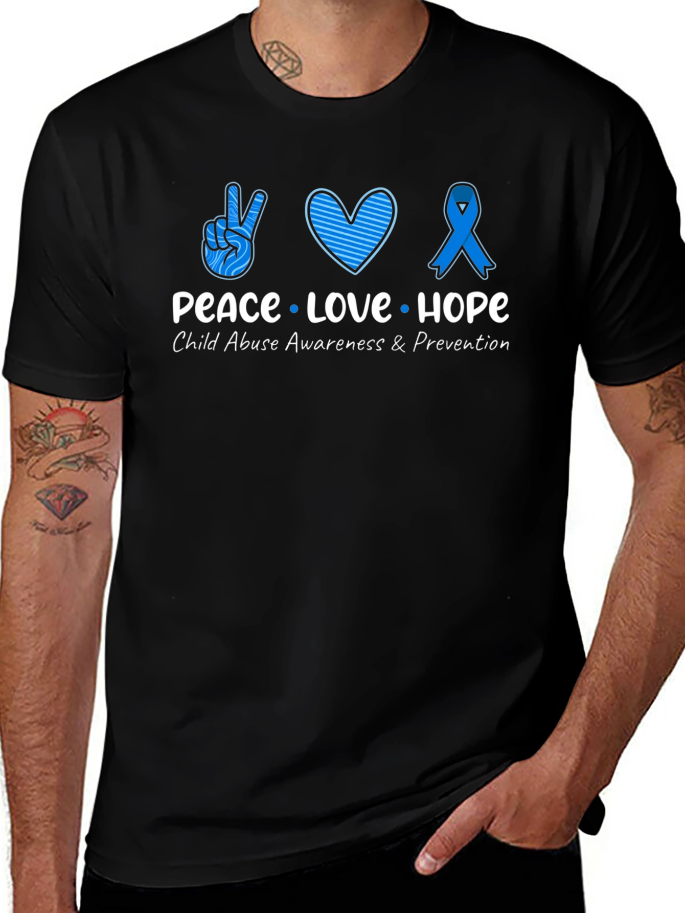 Peace Love Hope Child Abuse Awareness Black Tee