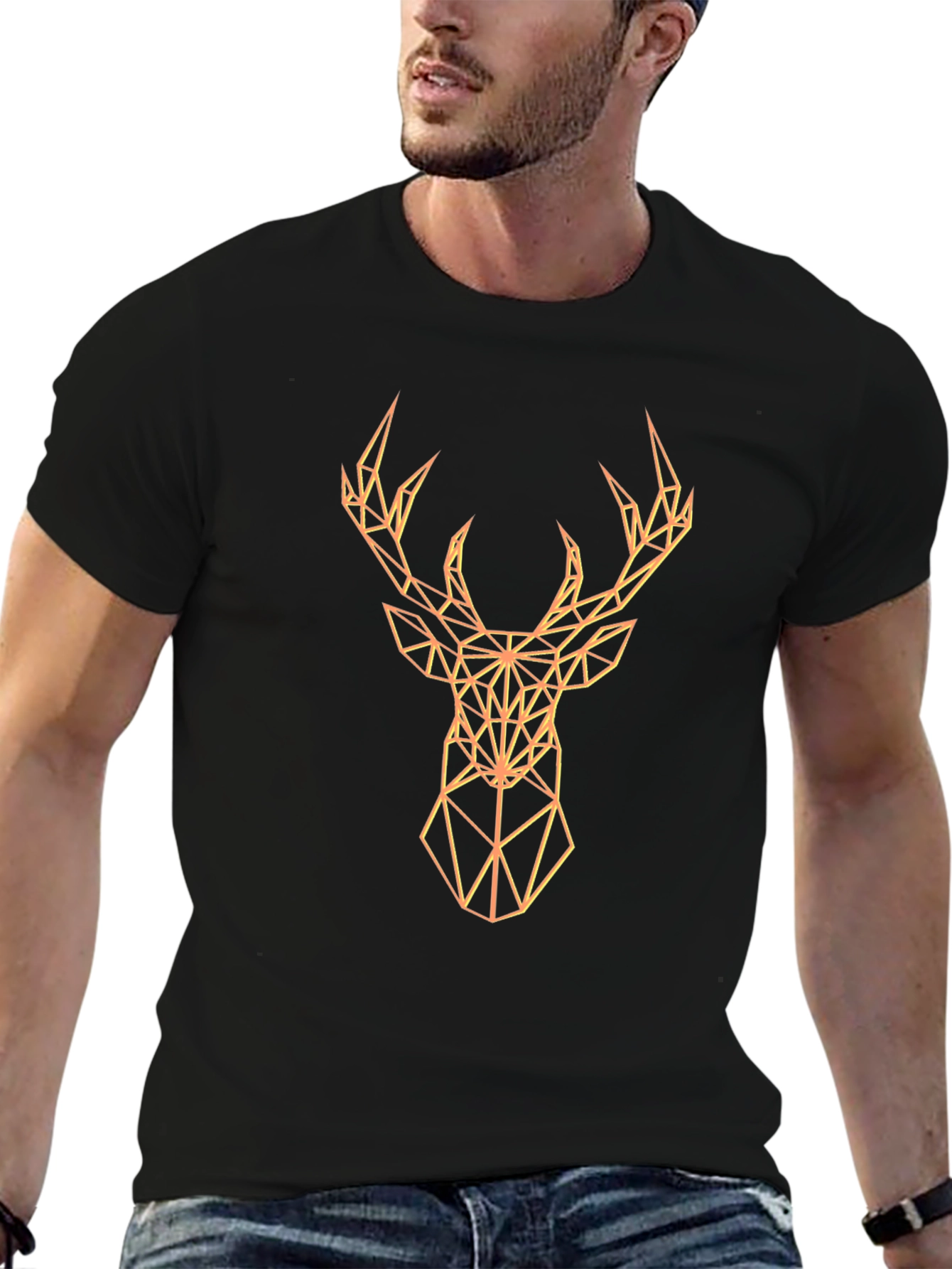 Geometric Deer Graphic Print Black T-Shirt