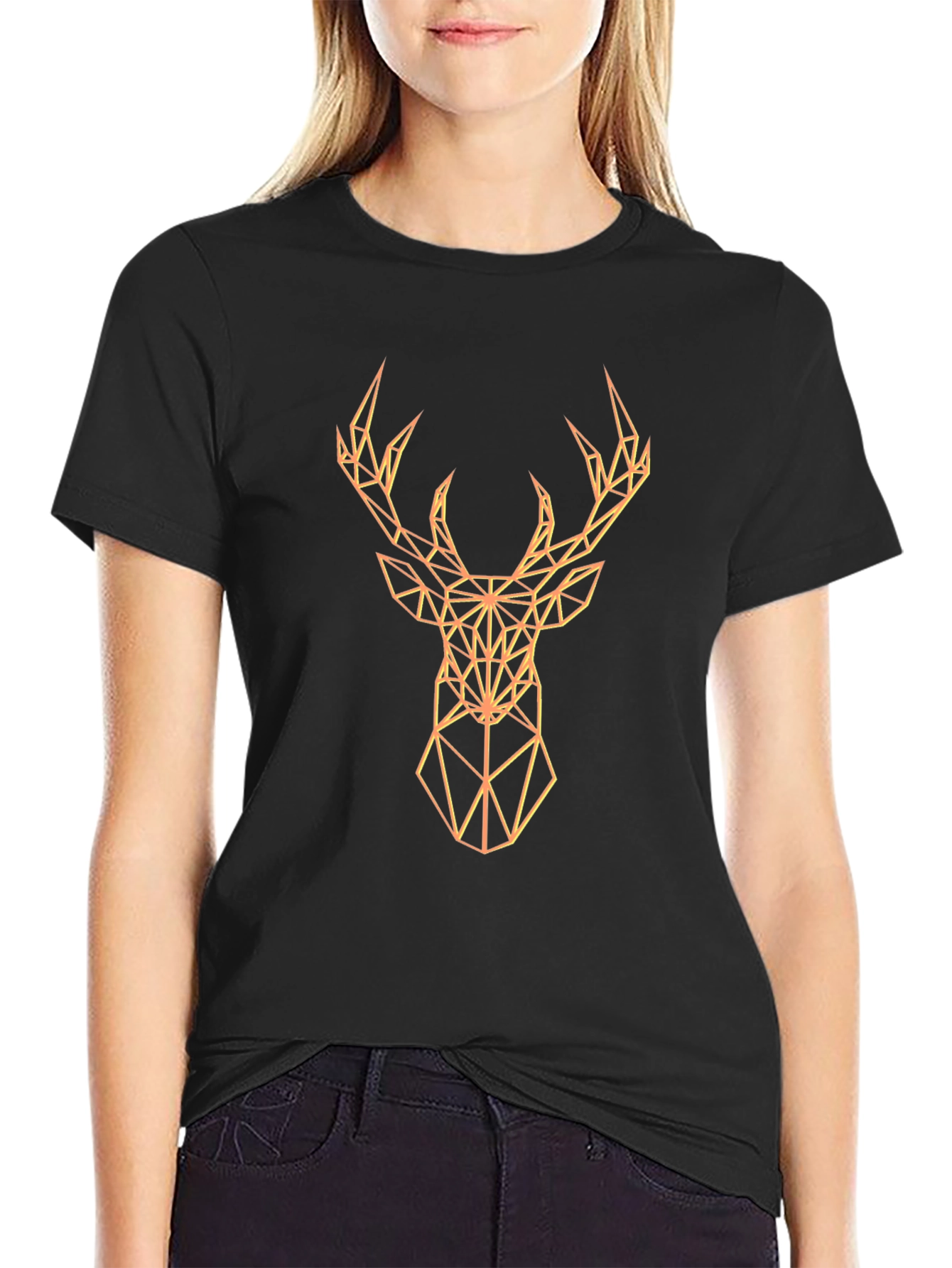 Geometric Deer Graphic Print Black T-Shirt