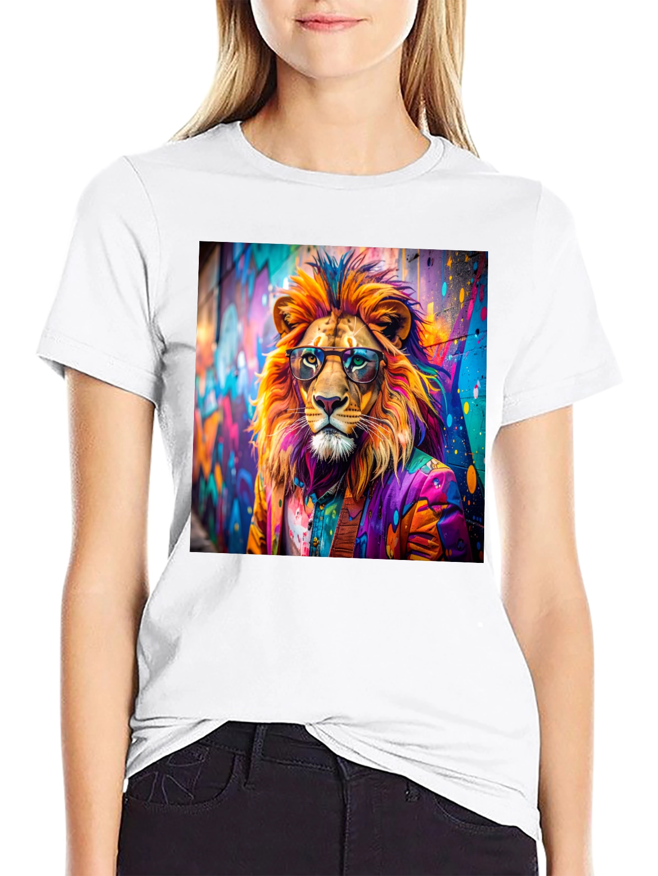 Lion Graffiti Art Print Black T-Shirt