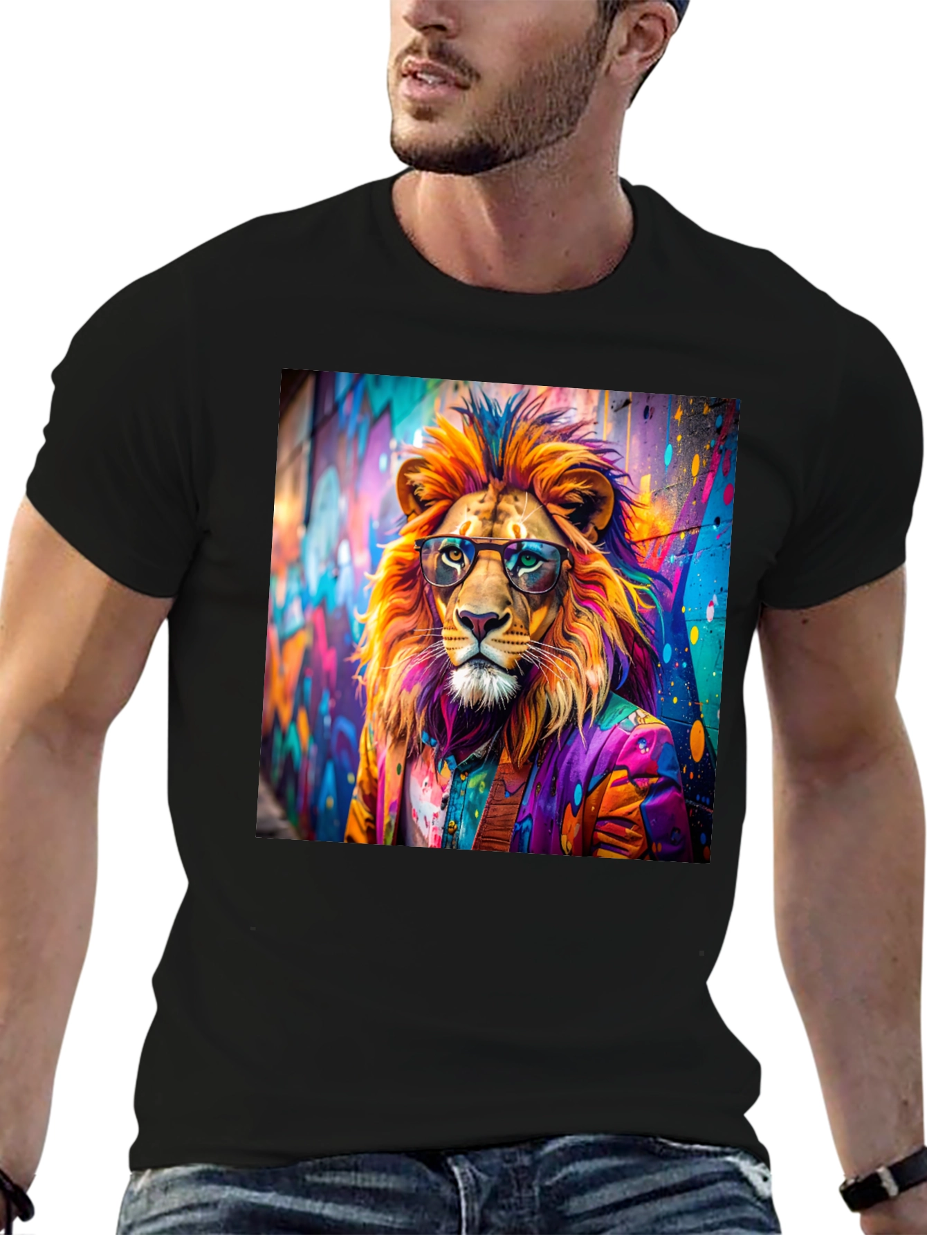 Lion Graffiti Art Print Black T-Shirt