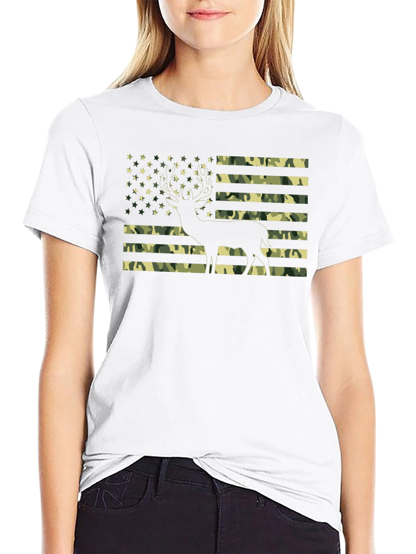 Camo American Flag Deer Graphic T-Shirt