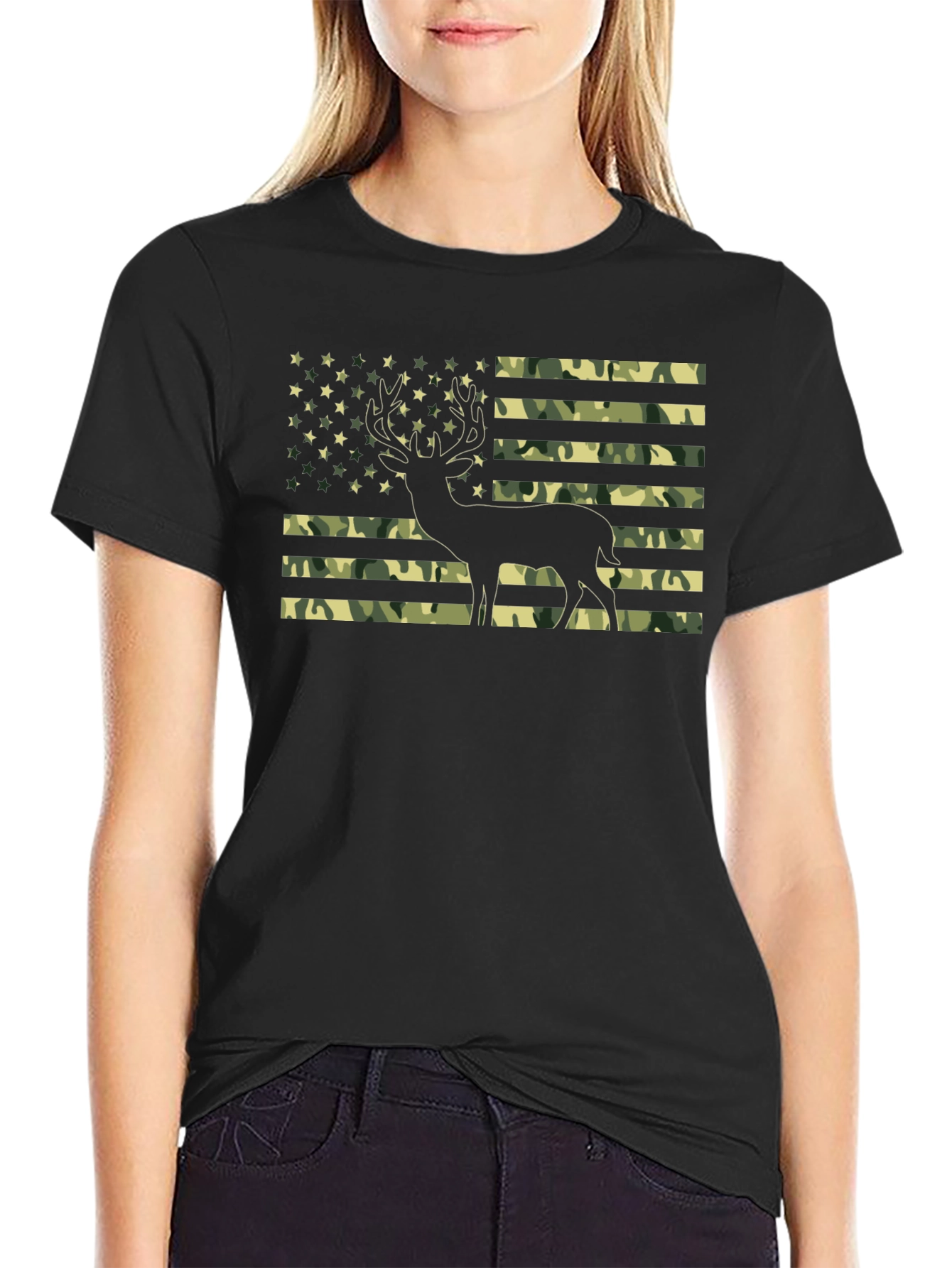 Camo American Flag Deer Graphic T-Shirt