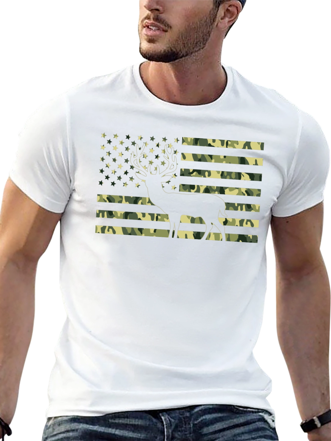 Camo American Flag Deer Graphic T-Shirt