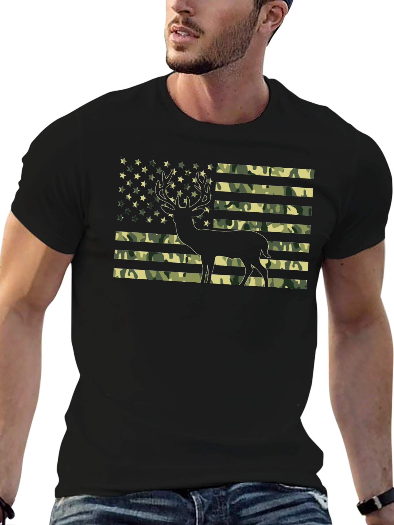 Camo American Flag Deer Graphic T-Shirt