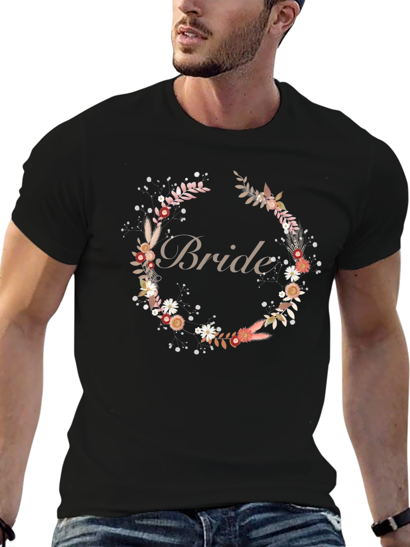 Bride Floral Wreath Black T-Shirt