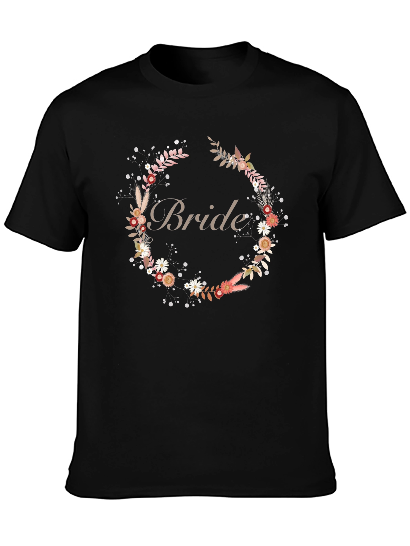 Bride Floral Wreath Black T-Shirt