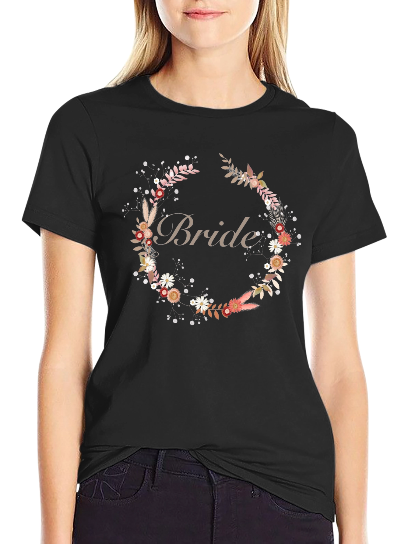 Bride Floral Wreath Black T-Shirt