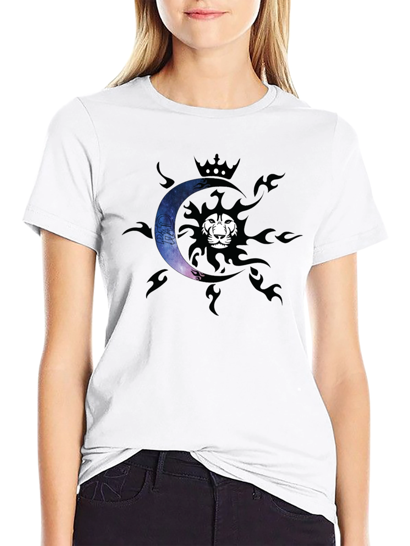 Lion Sun & Moon Crown Graphic Tee - Black