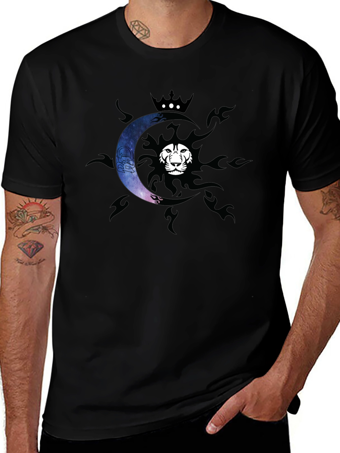 Lion Sun & Moon Crown Graphic Tee - Black
