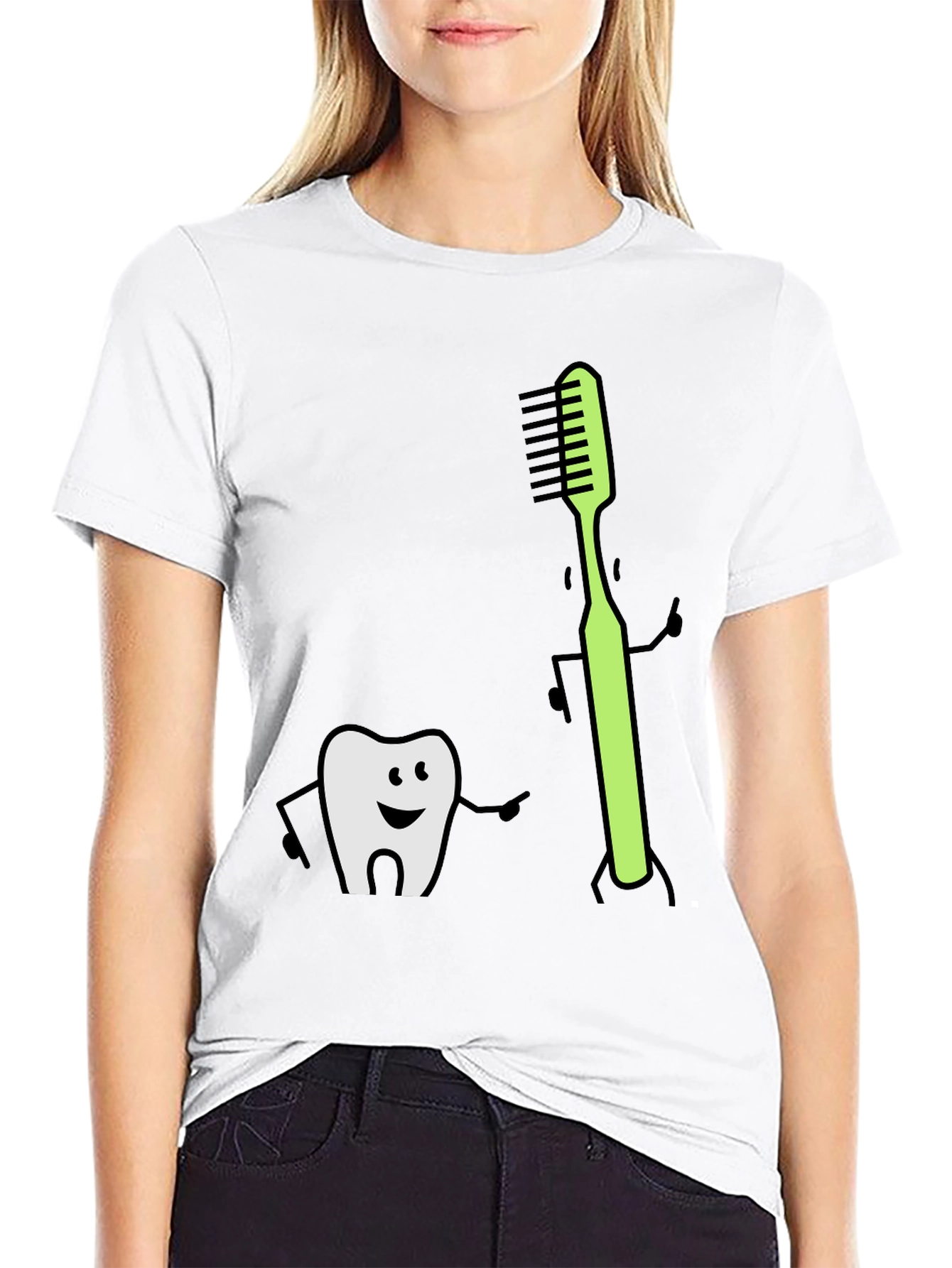 Tooth & Toothbrush Cartoon Black Tee