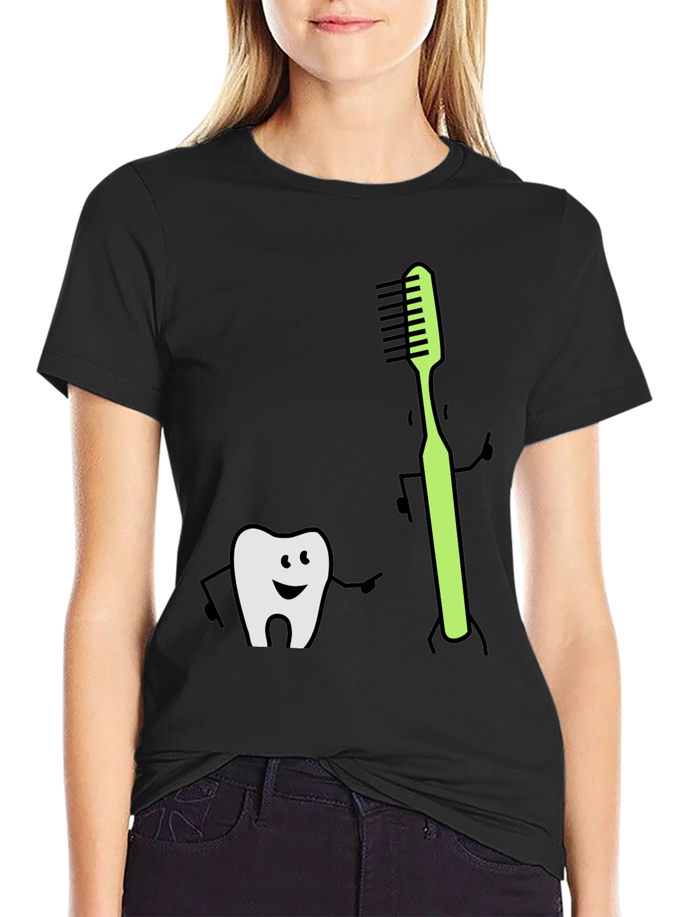 Tooth & Toothbrush Cartoon Black Tee