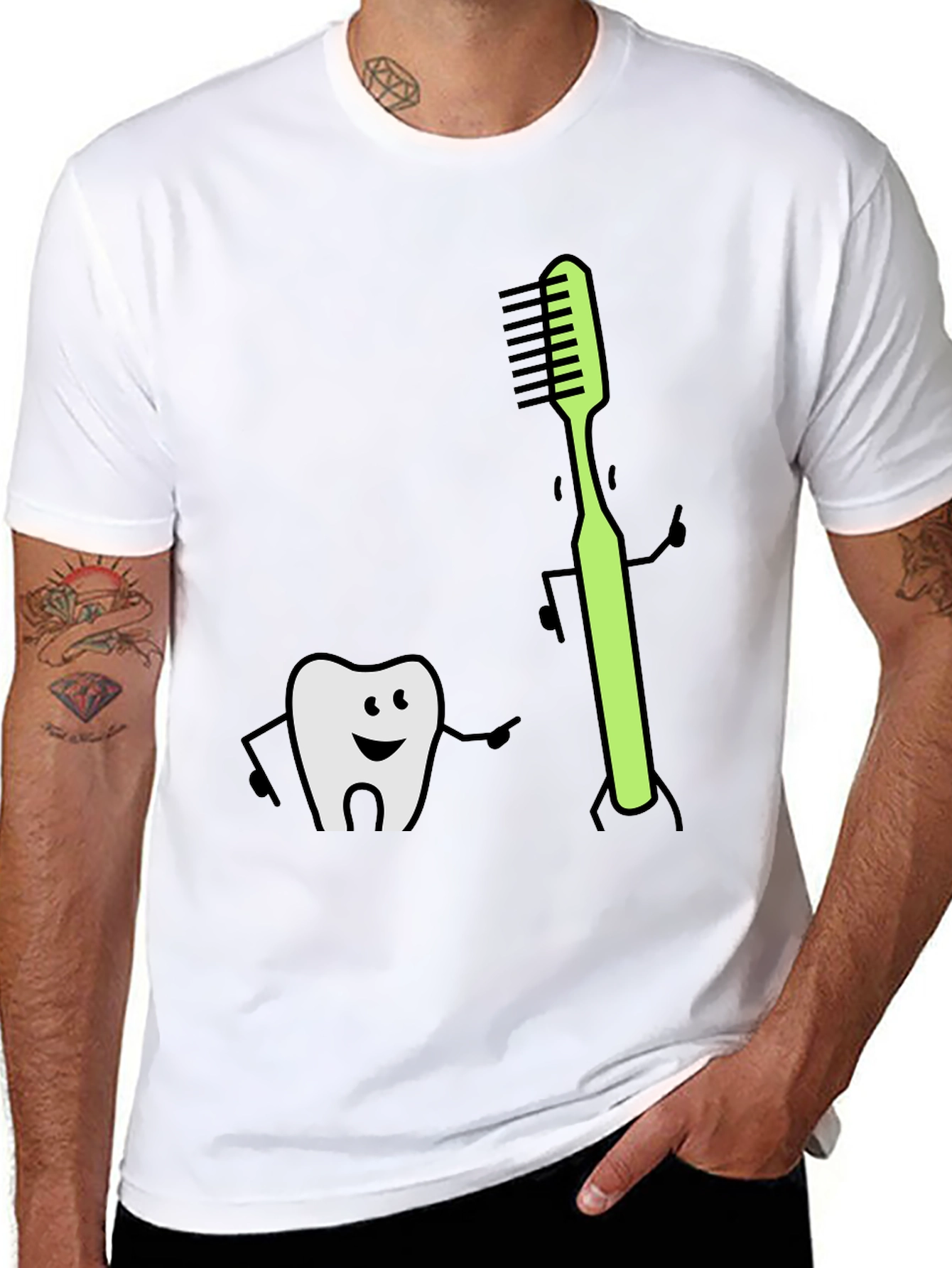 Tooth & Toothbrush Cartoon Black Tee
