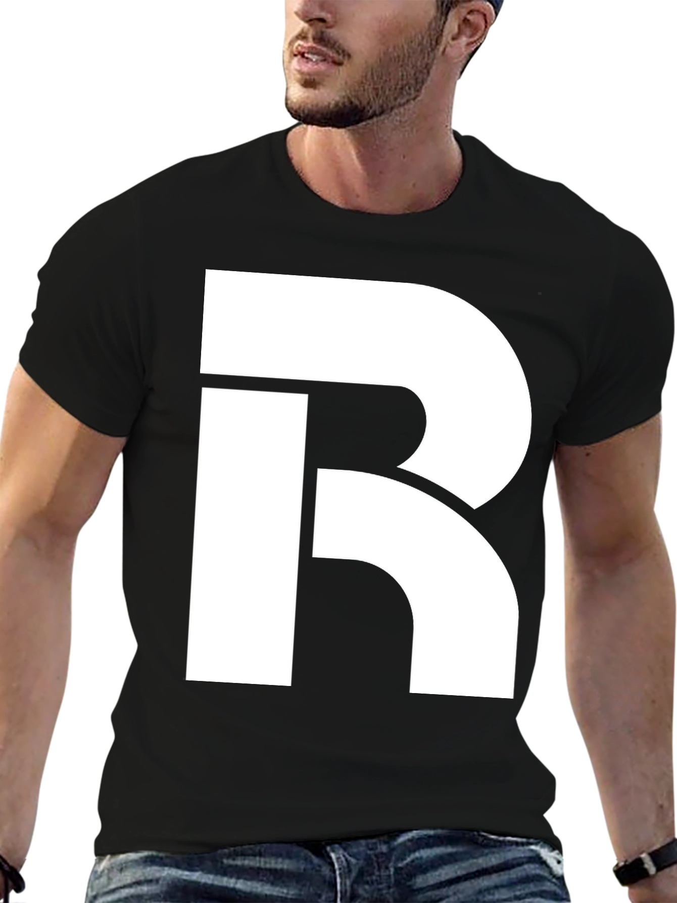 Bold White R Graphic Black T-Shirt