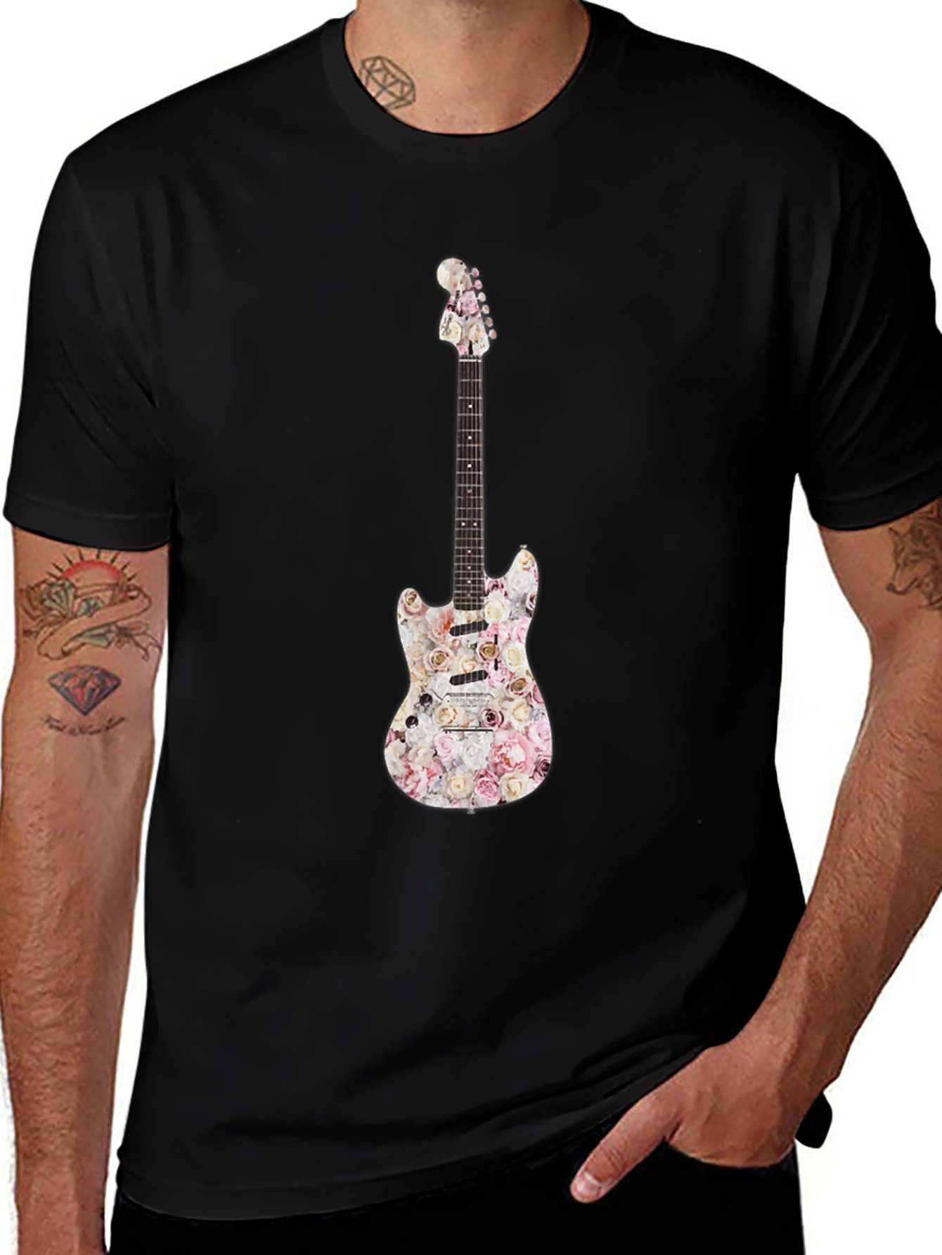 Floral Guitar Graphic T-Shirt - Black