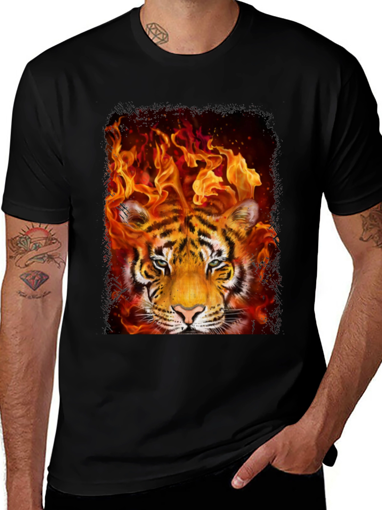 Flaming Tiger Graphic Tee - Bold Mens T-Shirt