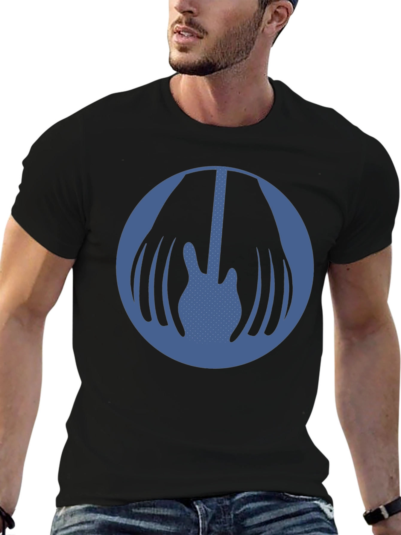 Blue Guitar Circle Graphic Black T-Shirt