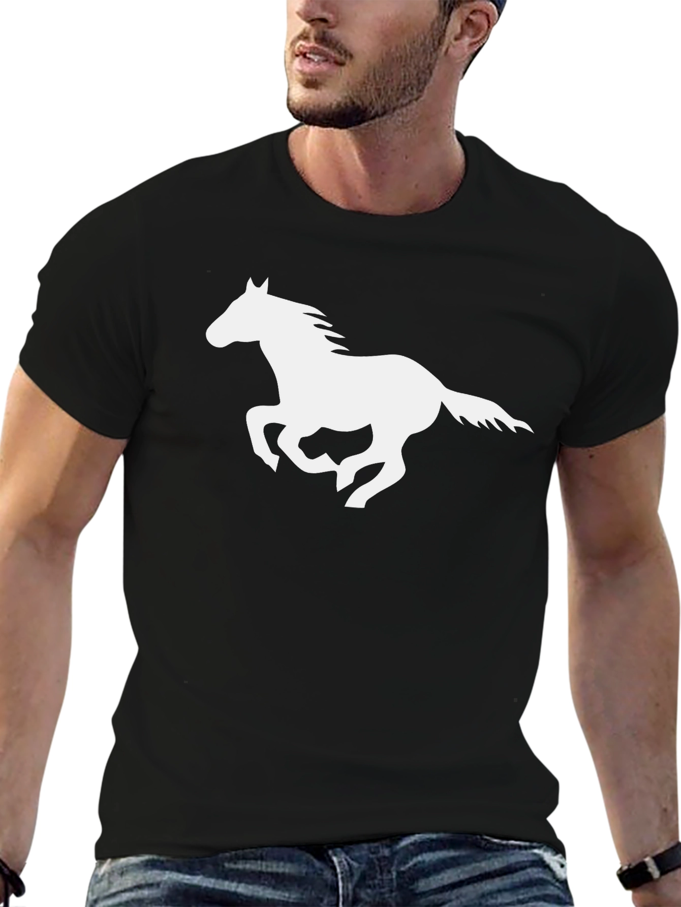 Black T-Shirt with White Horse Graphic