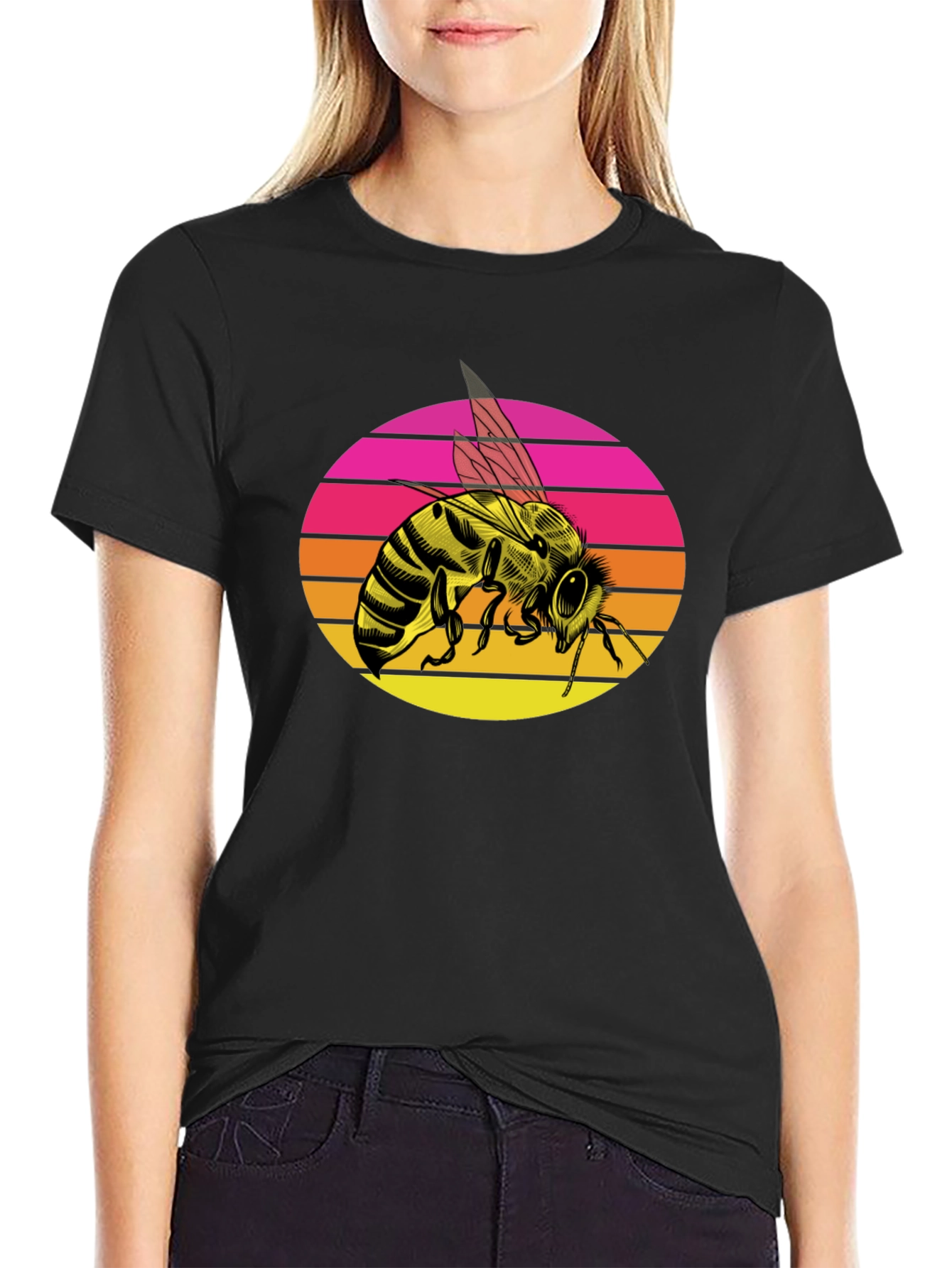 Sunset Bee Graphic Tee - Trendy Black T-Shirt