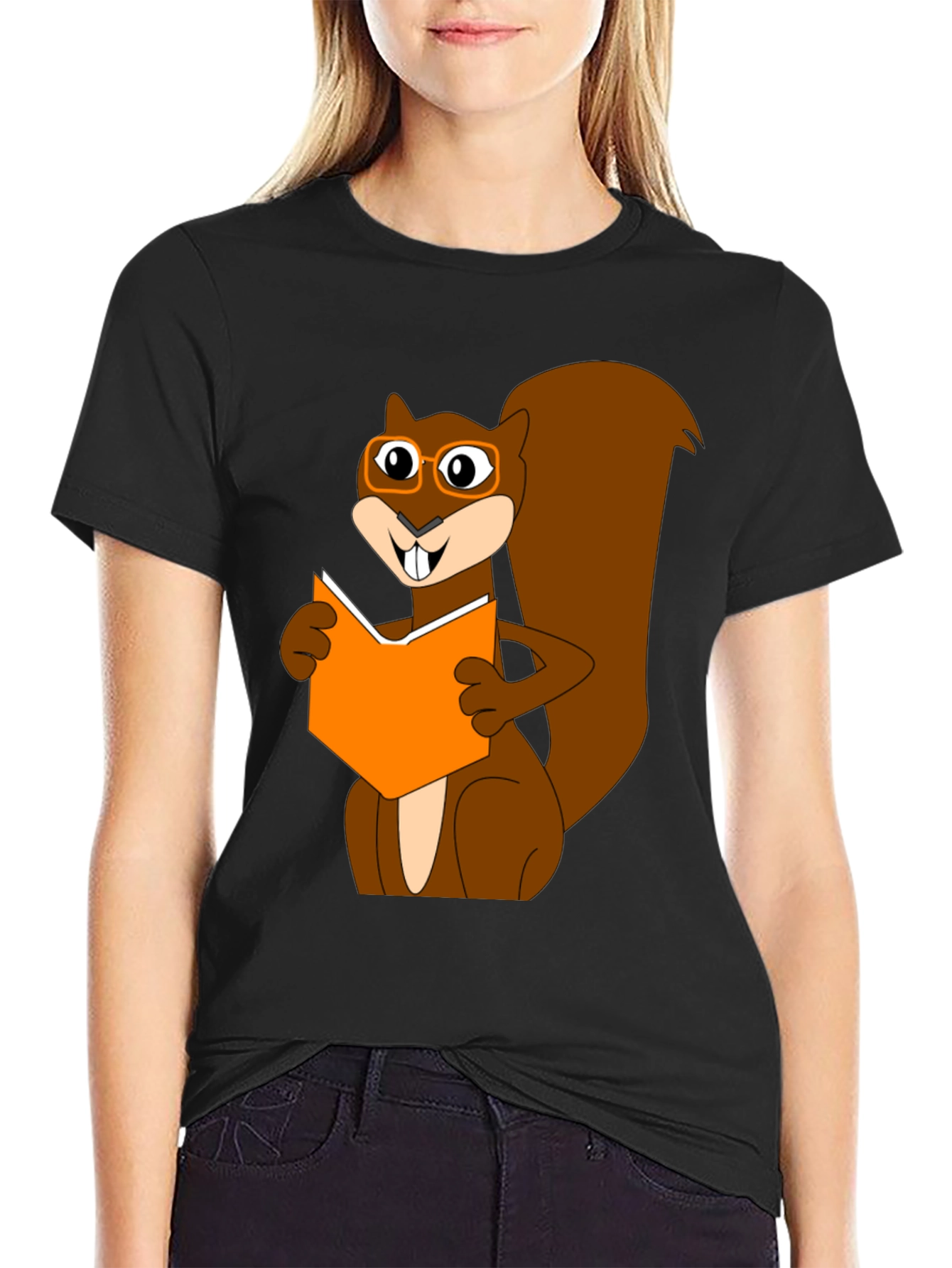 Reading Squirrel Graphic T-Shirt - Black Cotton Tee